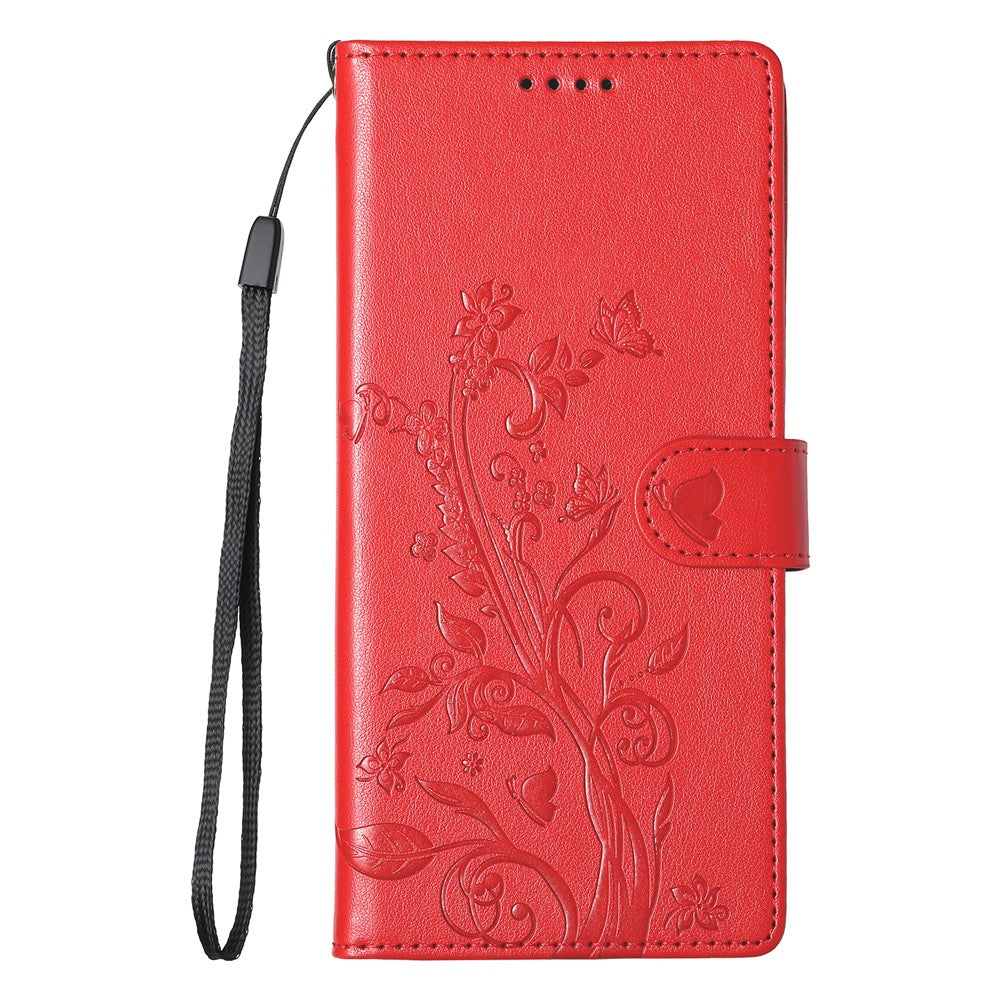 For Xiaomi Redmi Note 15 Pro 4G (Global) Wallet Case Butterfly Floral Imprint PU Leather Phone Cover with Wrist Strap - Red