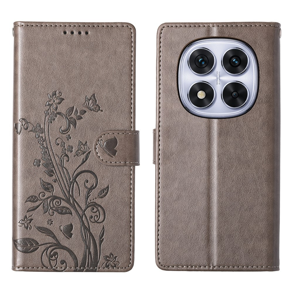 For Xiaomi Redmi Note 15 Pro 4G (Global) Wallet Case Butterfly Floral Imprint PU Leather Phone Cover with Wrist Strap - Grey