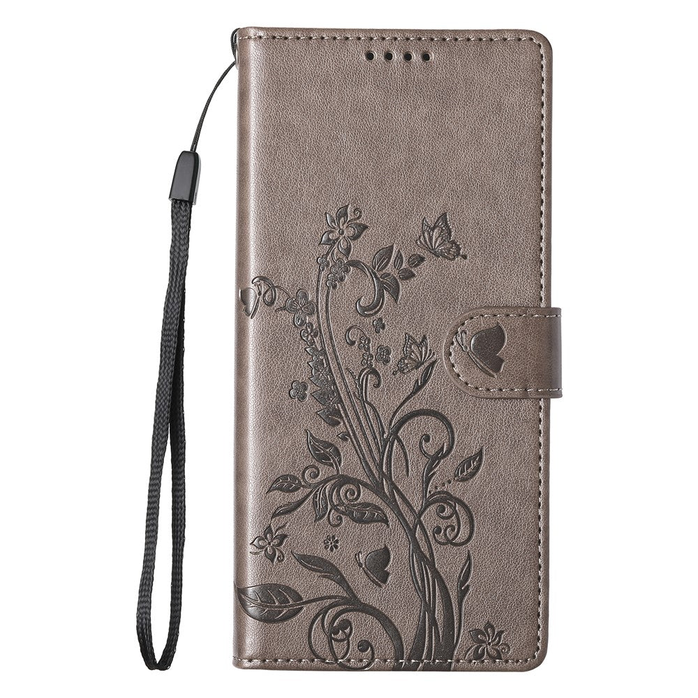 For Xiaomi Redmi Note 15 Pro 4G (Global) Wallet Case Butterfly Floral Imprint PU Leather Phone Cover with Wrist Strap - Grey