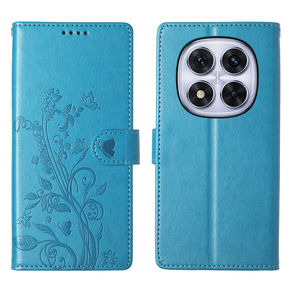 For Xiaomi Redmi Note 15 Pro 4G (Global) Wallet Case Butterfly Floral Imprint PU Leather Phone Cover with Wrist Strap - Blue