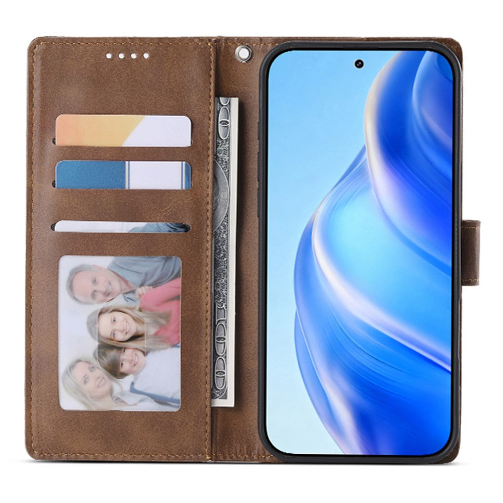 For Xiaomi Redmi Note 15 Pro 4G (Global) Case Stand Wallet Calf Texture PU Leather Flip Phone Cover with Wrist Strap - Brown