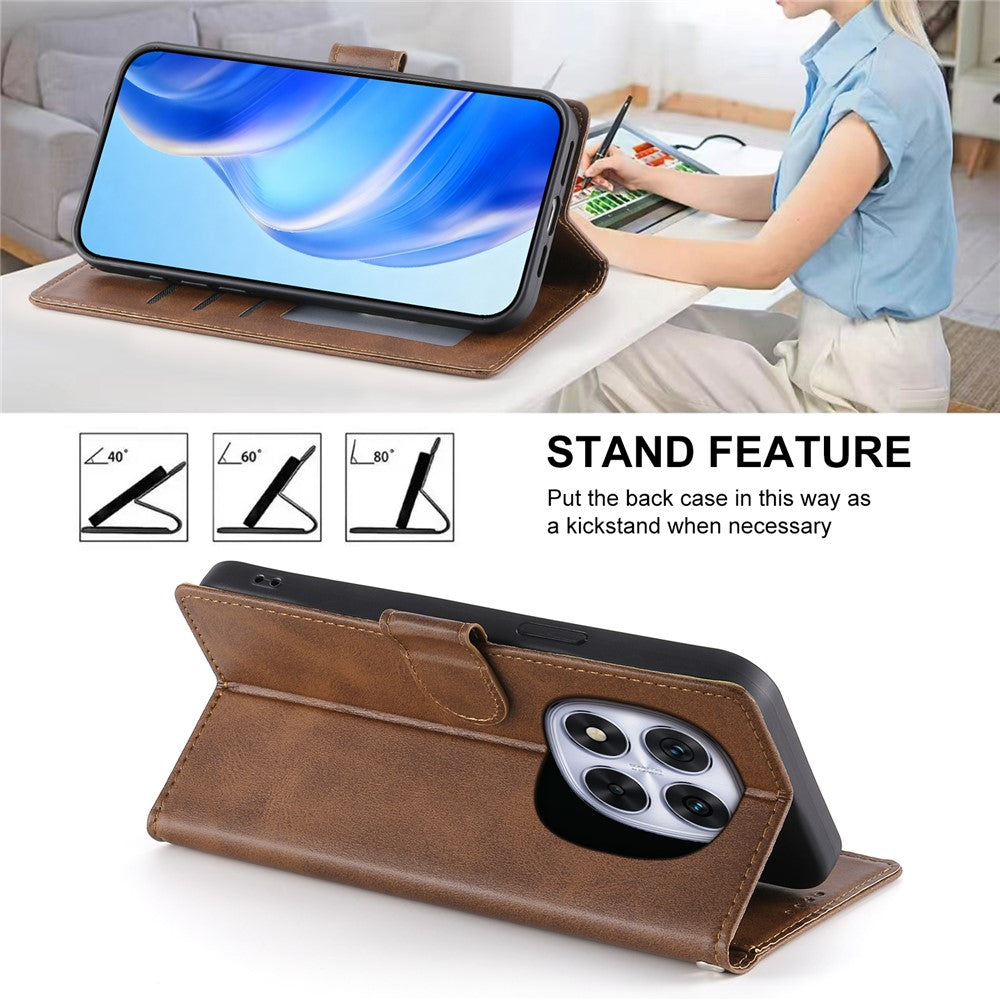 For Xiaomi Redmi Note 15 Pro 4G (Global) Case Stand Wallet Calf Texture PU Leather Flip Phone Cover with Wrist Strap - Brown