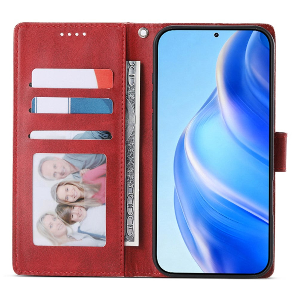 For Xiaomi Redmi Note 15 Pro 4G (Global) Case Stand Wallet Calf Texture PU Leather Flip Phone Cover with Wrist Strap - Red