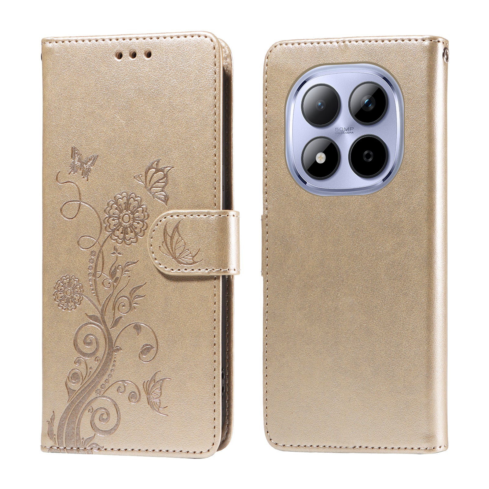 For Xiaomi Redmi Note 15 Pro 4G (Global) Leather Case Butterfly Floral Imprint Wallet Stand Cover - Golden