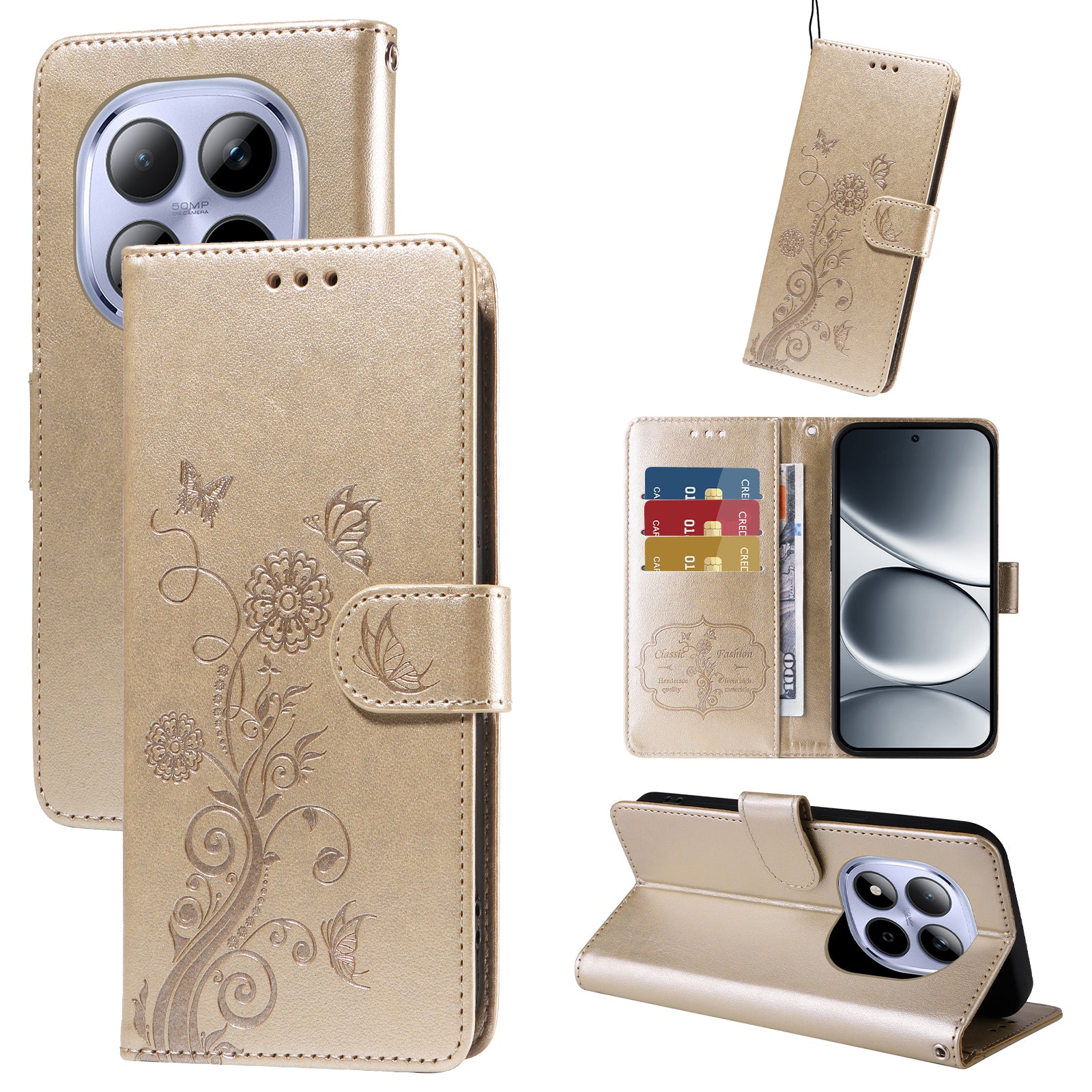 For Xiaomi Redmi Note 15 Pro 4G (Global) Leather Case Butterfly Floral Imprint Wallet Stand Cover - Golden