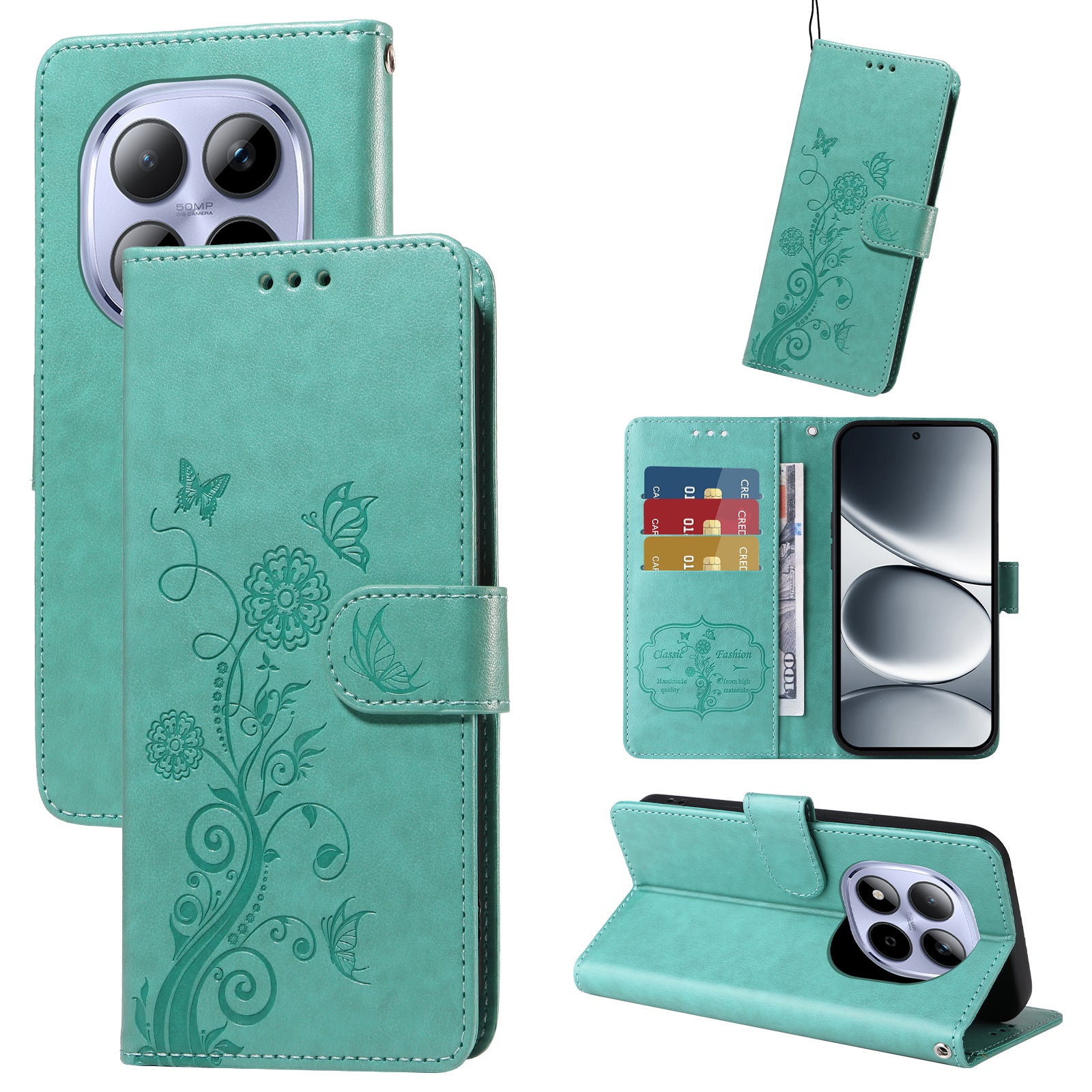For Xiaomi Redmi Note 15 Pro 4G (Global) Leather Case Butterfly Floral Imprint Wallet Stand Cover - Green
