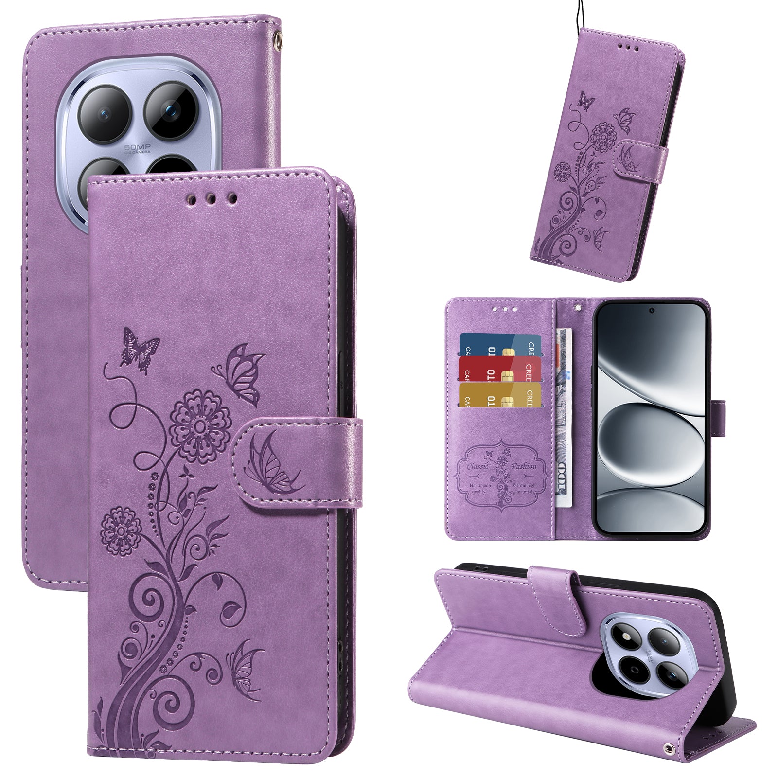 For Xiaomi Redmi Note 15 Pro 4G (Global) Leather Case Butterfly Floral Imprint Wallet Stand Cover - Purple