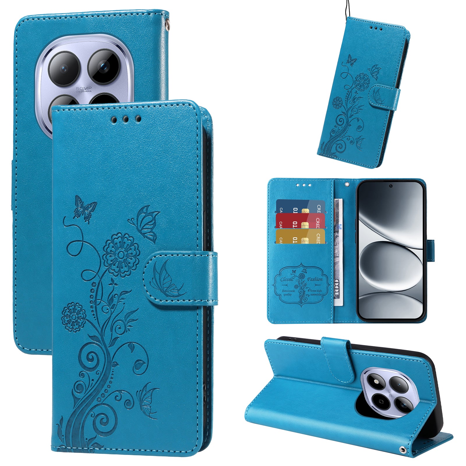 For Xiaomi Redmi Note 15 Pro 4G (Global) Leather Case Butterfly Floral Imprint Wallet Stand Cover - Blue