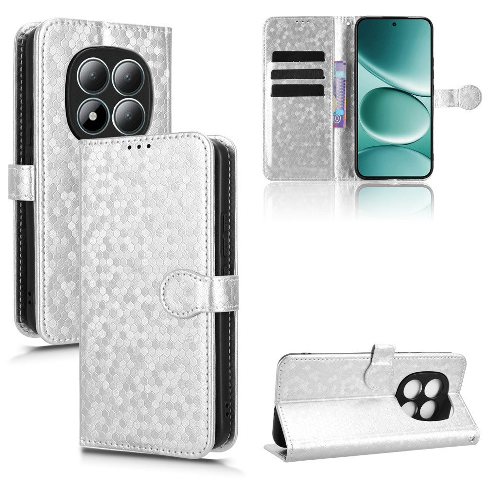 For Xiaomi Redmi Note 15 Pro 4G (Global) Wallet Case Dot Pattern Imprint PU Leather Phone Cover with Wrist Strap - Silver