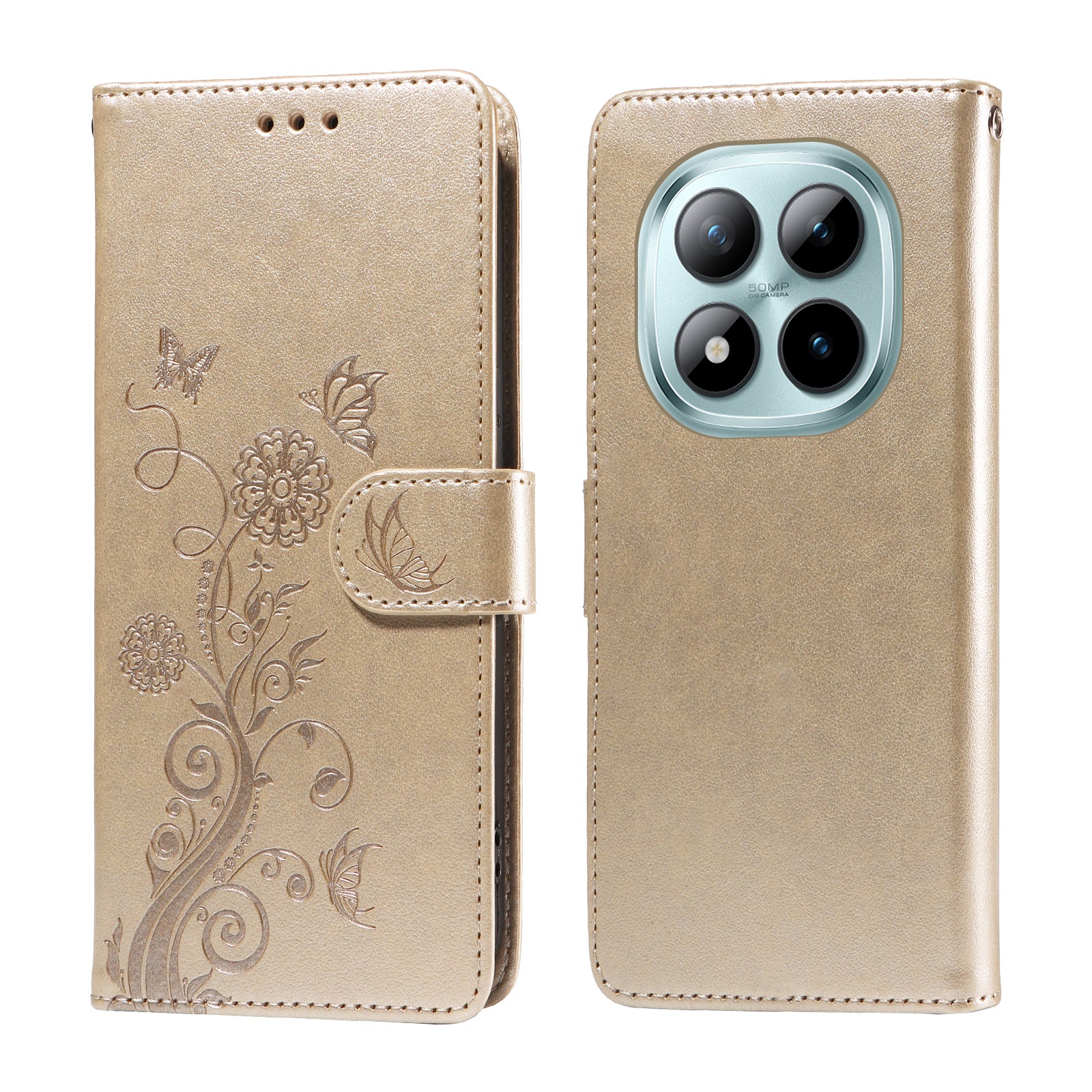 For Xiaomi Poco M8 Pro 5G / Redmi Note 15 Pro+ 5G (Global) Leather Case Butterfly Floral Imprint Wallet Stand Cover - Golden