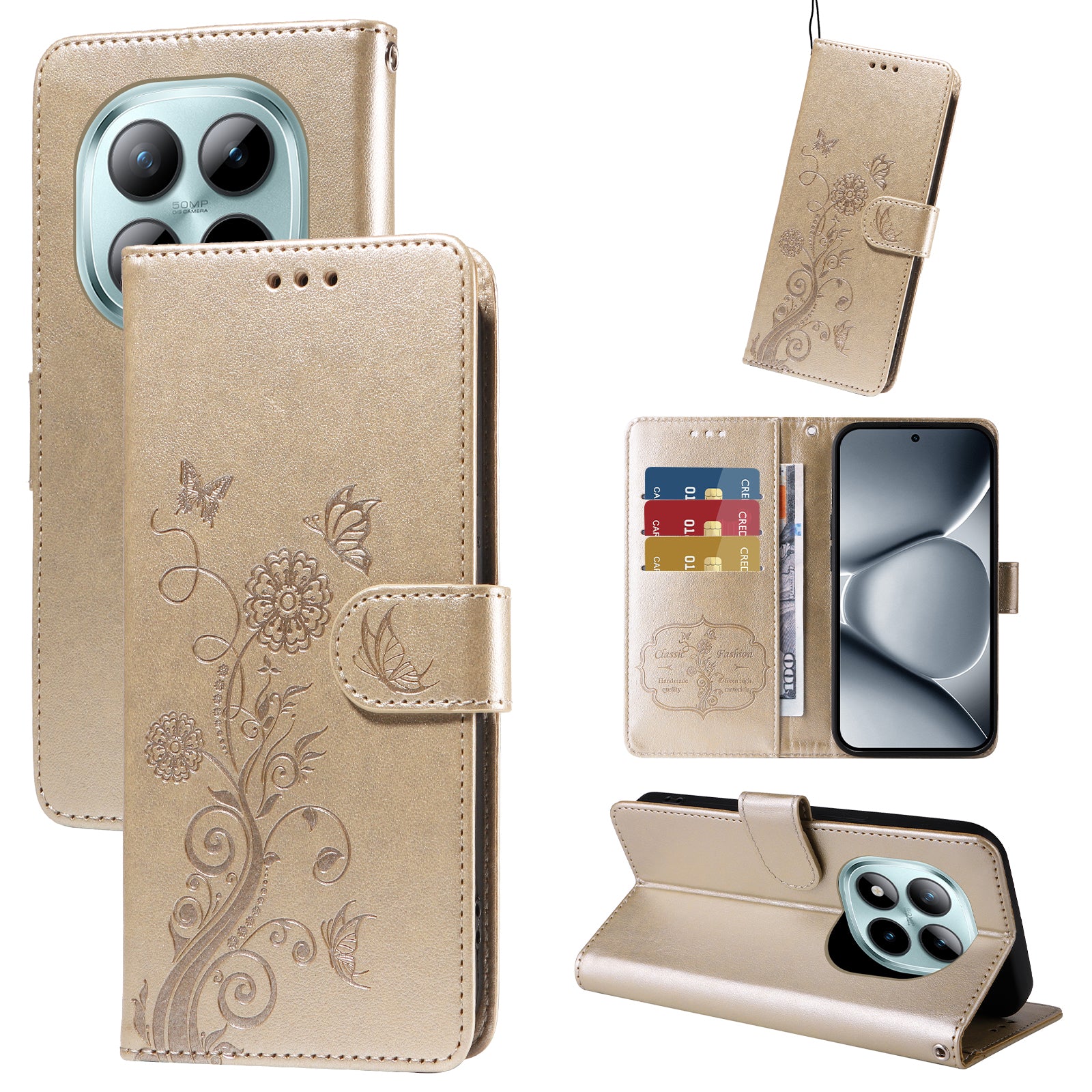 For Xiaomi Poco M8 Pro 5G / Redmi Note 15 Pro+ 5G (Global) Leather Case Butterfly Floral Imprint Wallet Stand Cover - Golden