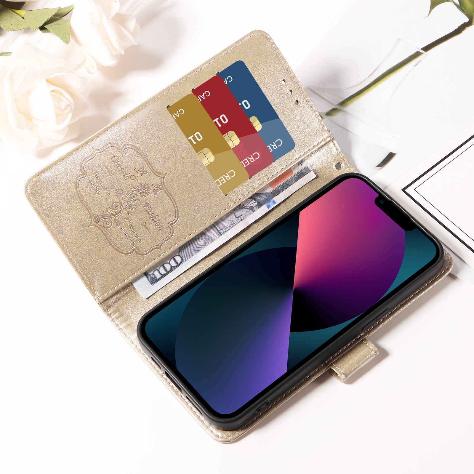 For Xiaomi Poco M8 Pro 5G / Redmi Note 15 Pro+ 5G (Global) Leather Case Butterfly Floral Imprint Wallet Stand Cover - Golden