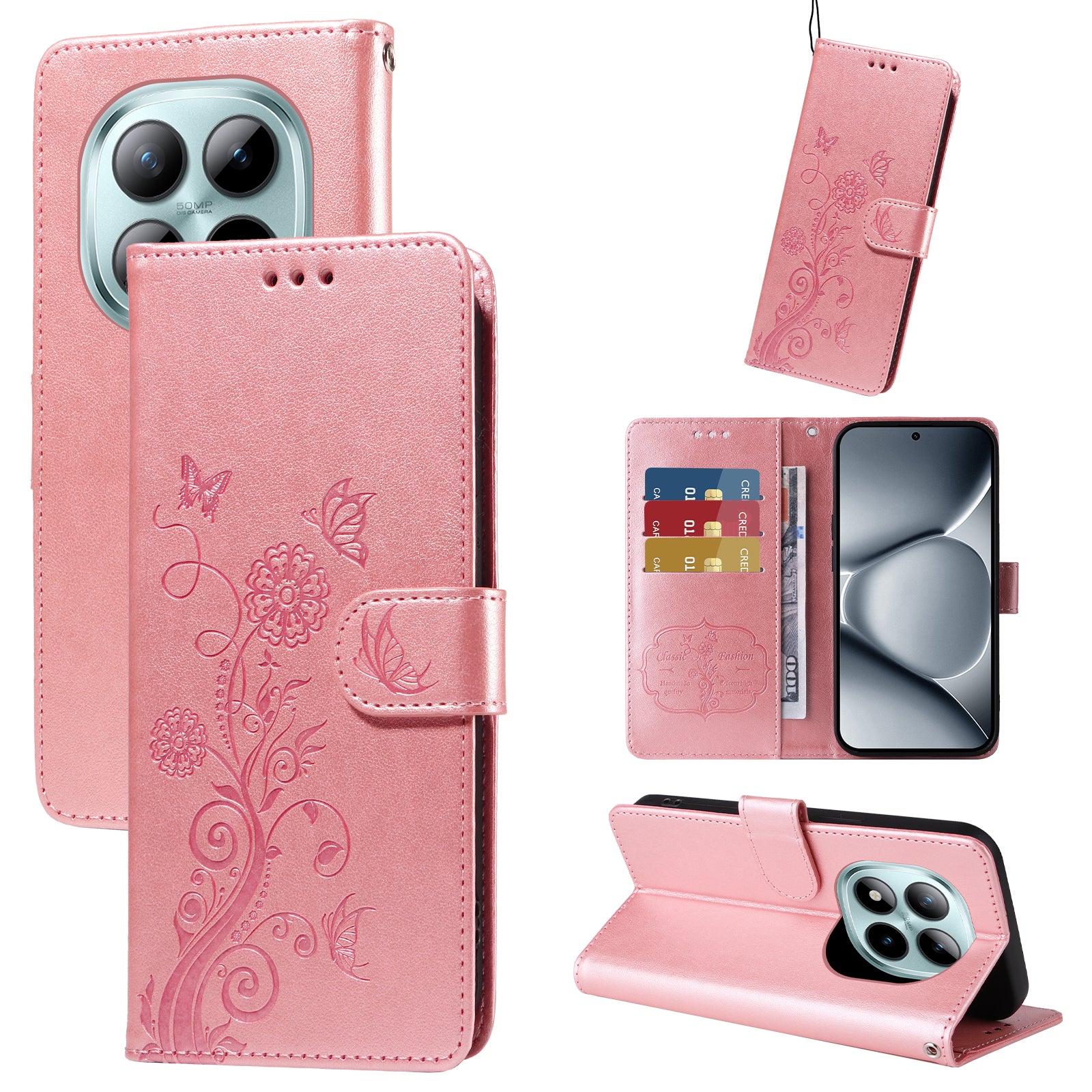 For Xiaomi Poco M8 Pro 5G / Redmi Note 15 Pro+ 5G (Global) Leather Case Butterfly Floral Imprint Wallet Stand Cover - Pink