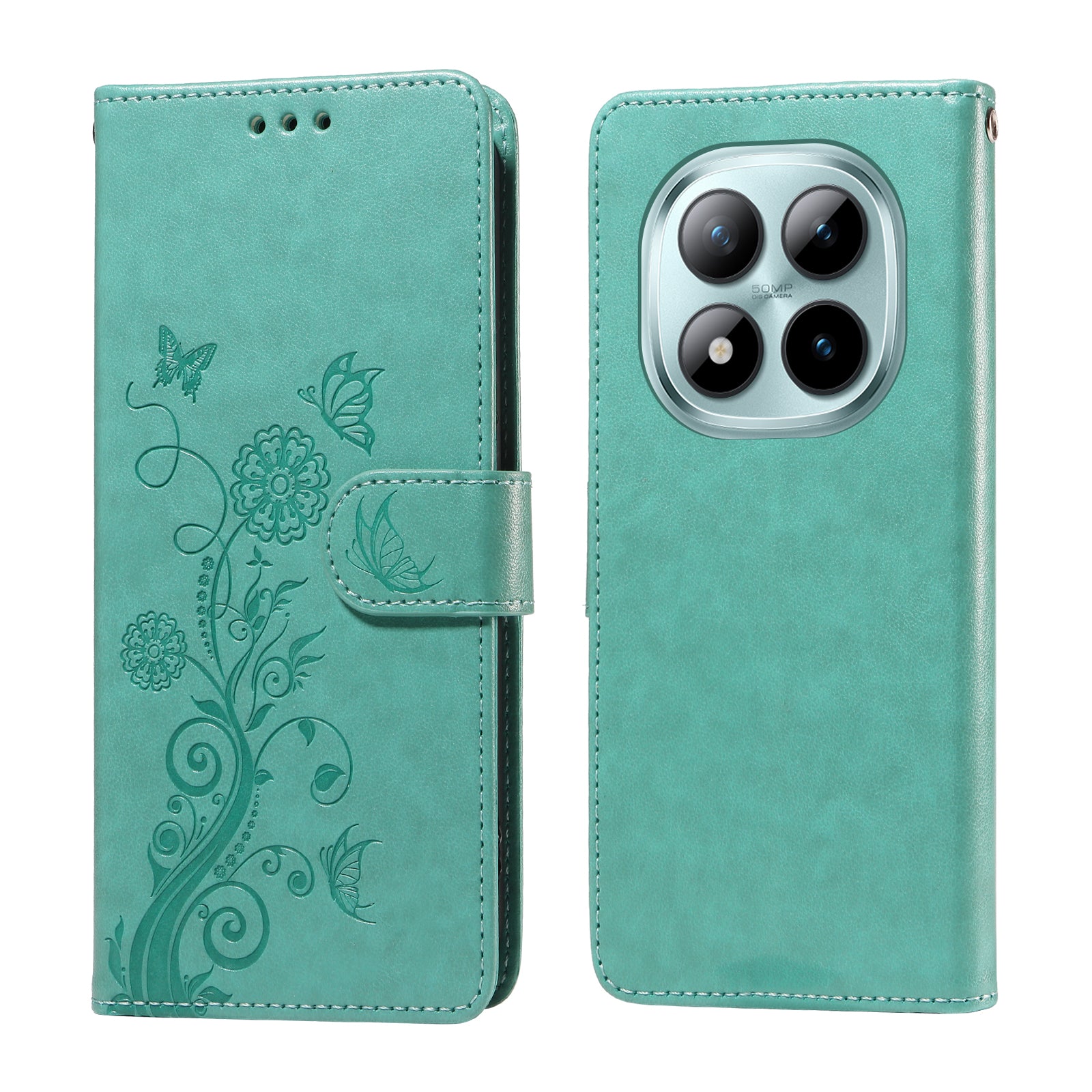 For Xiaomi Poco M8 Pro 5G / Redmi Note 15 Pro+ 5G (Global) Leather Case Butterfly Floral Imprint Wallet Stand Cover - Green