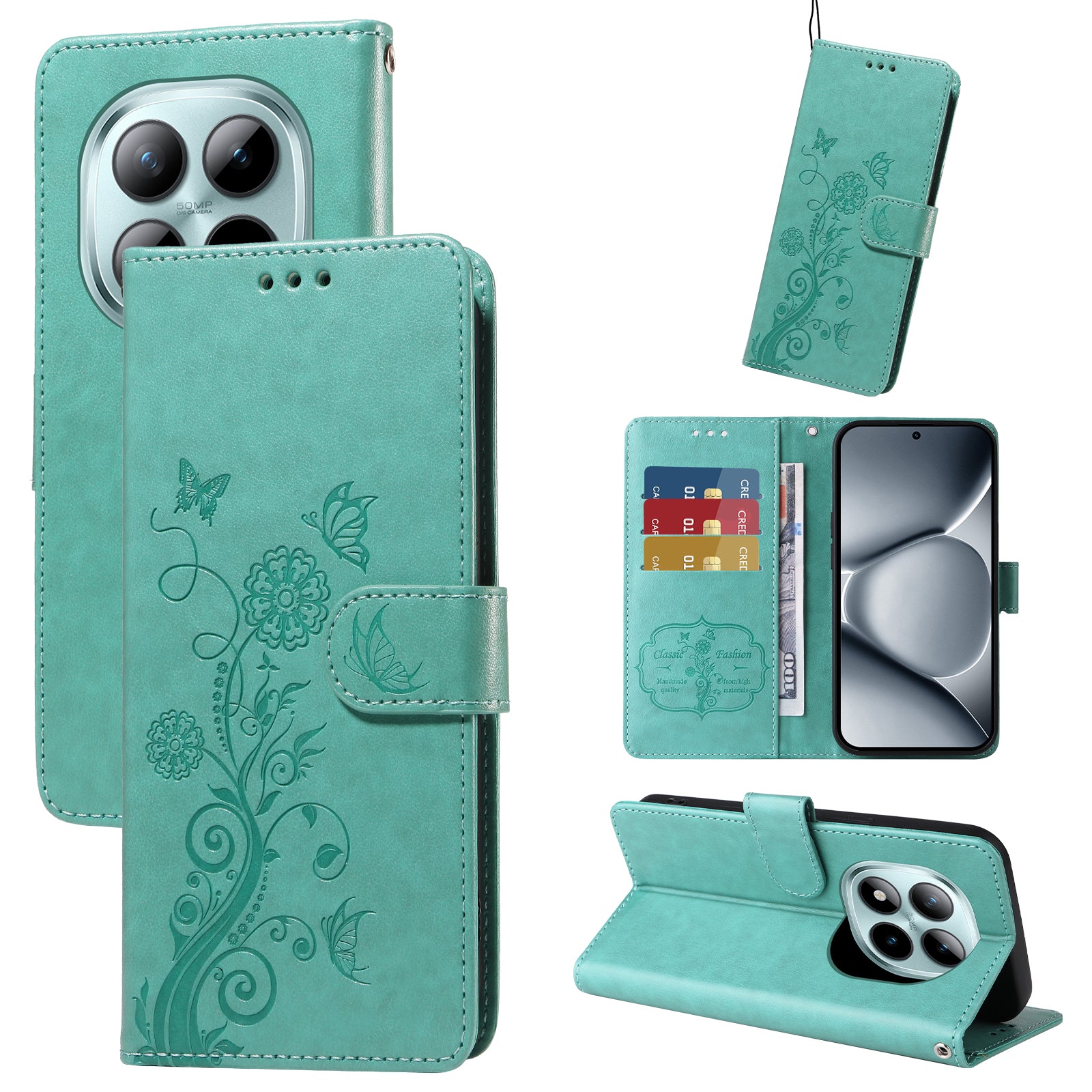 For Xiaomi Poco M8 Pro 5G / Redmi Note 15 Pro+ 5G (Global) Leather Case Butterfly Floral Imprint Wallet Stand Cover - Green