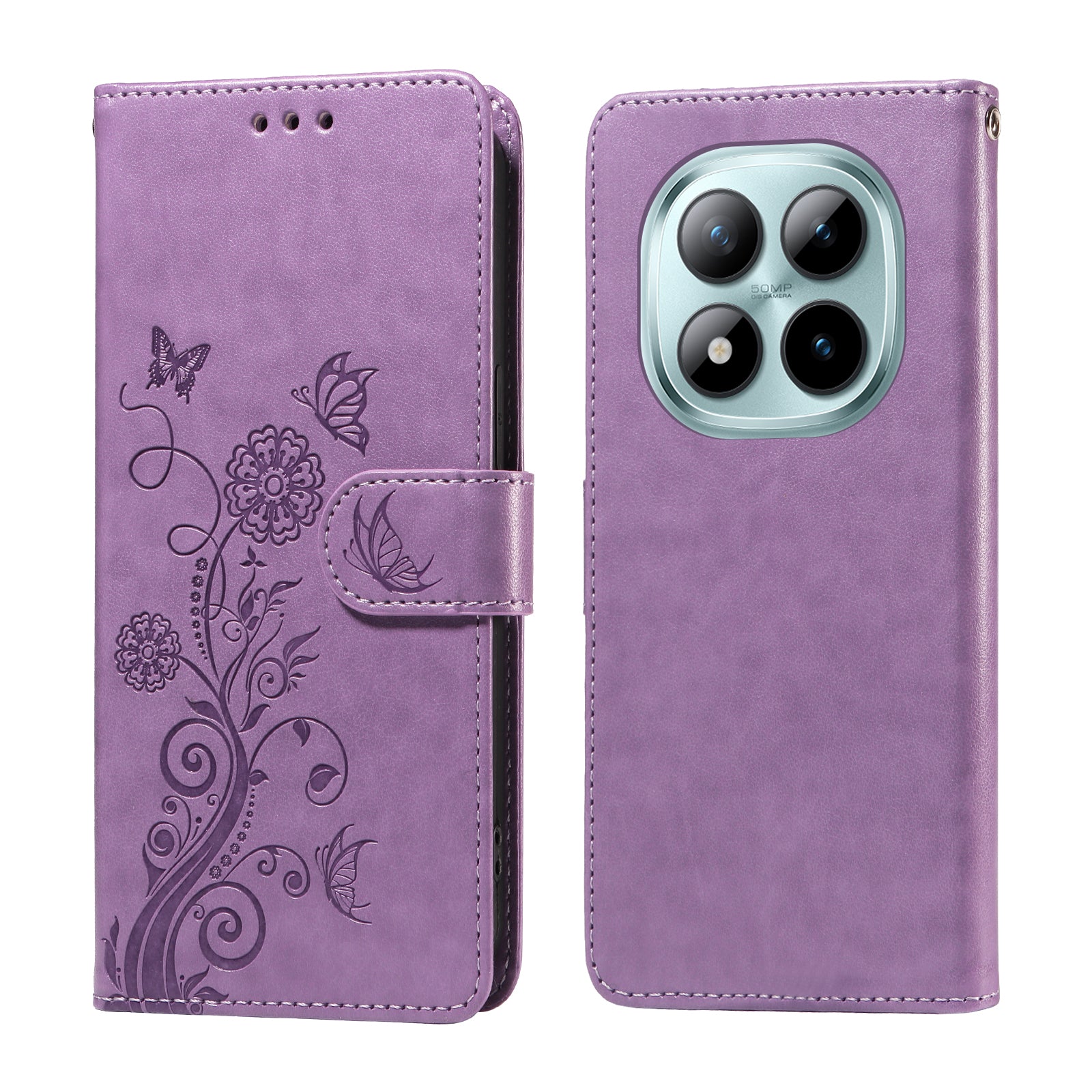 For Xiaomi Poco M8 Pro 5G / Redmi Note 15 Pro+ 5G (Global) Leather Case Butterfly Floral Imprint Wallet Stand Cover - Purple