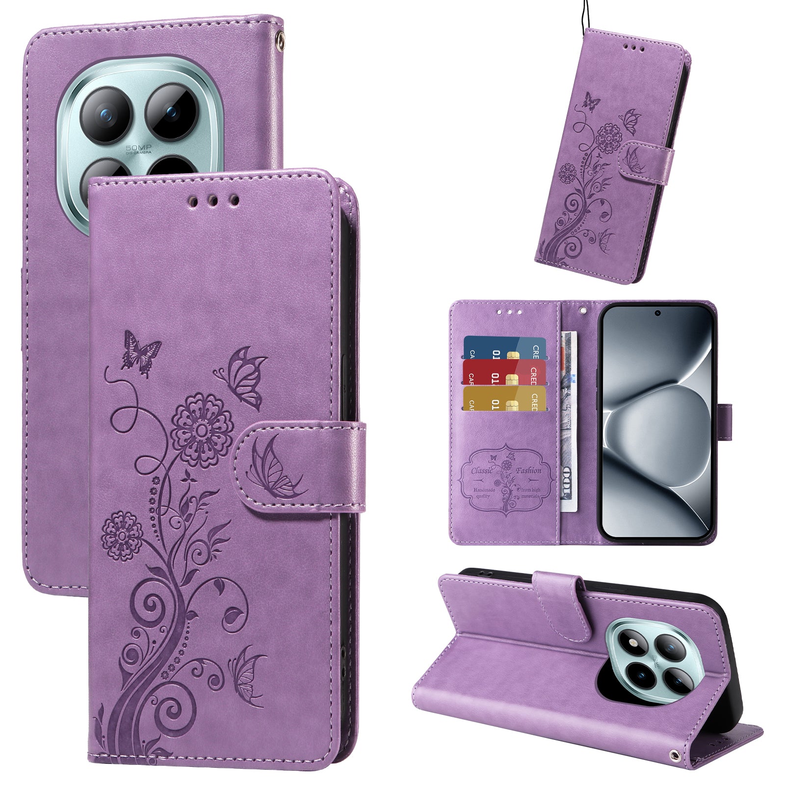 For Xiaomi Poco M8 Pro 5G / Redmi Note 15 Pro+ 5G (Global) Leather Case Butterfly Floral Imprint Wallet Stand Cover - Purple