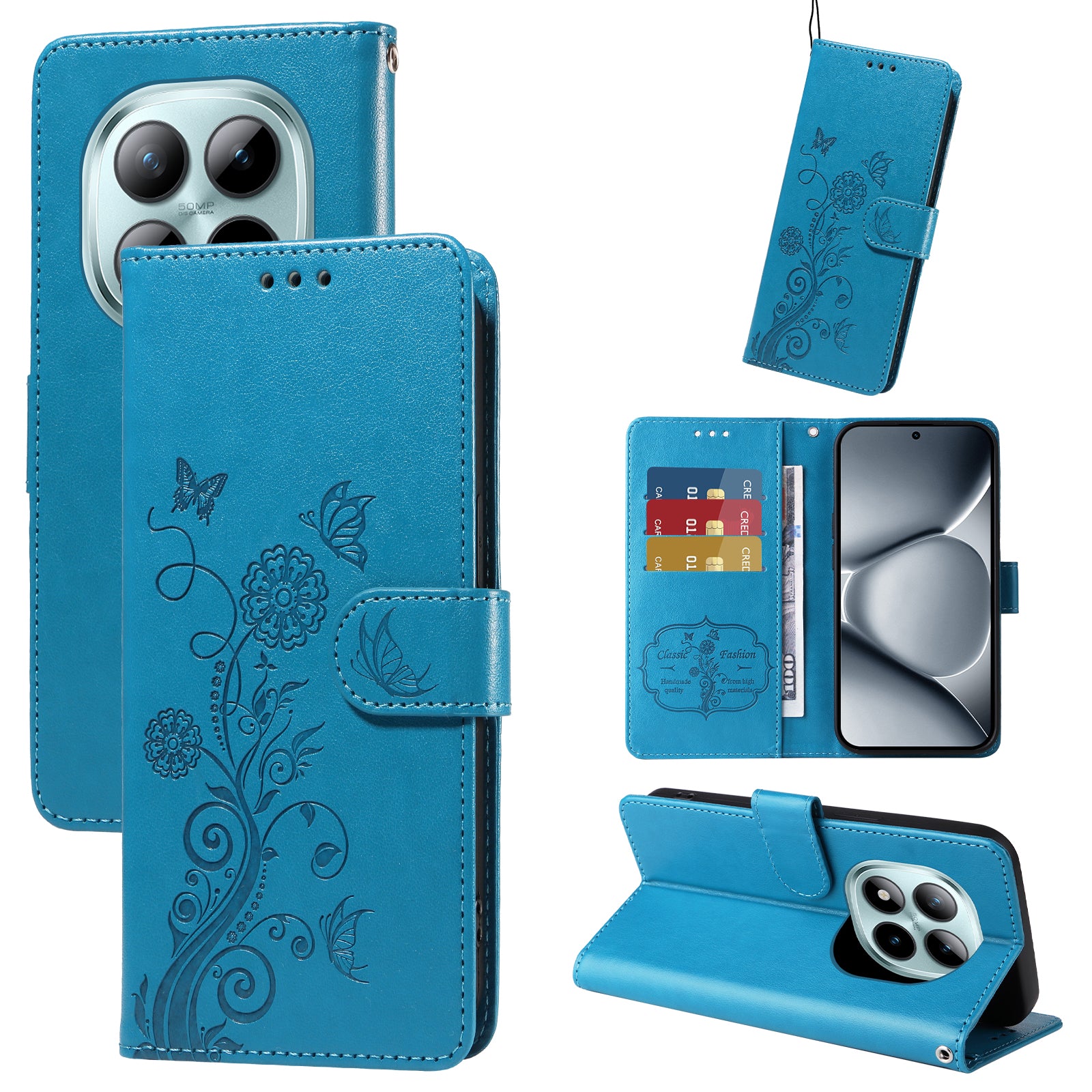 For Xiaomi Poco M8 Pro 5G / Redmi Note 15 Pro+ 5G (Global) Leather Case Butterfly Floral Imprint Wallet Stand Cover - Blue