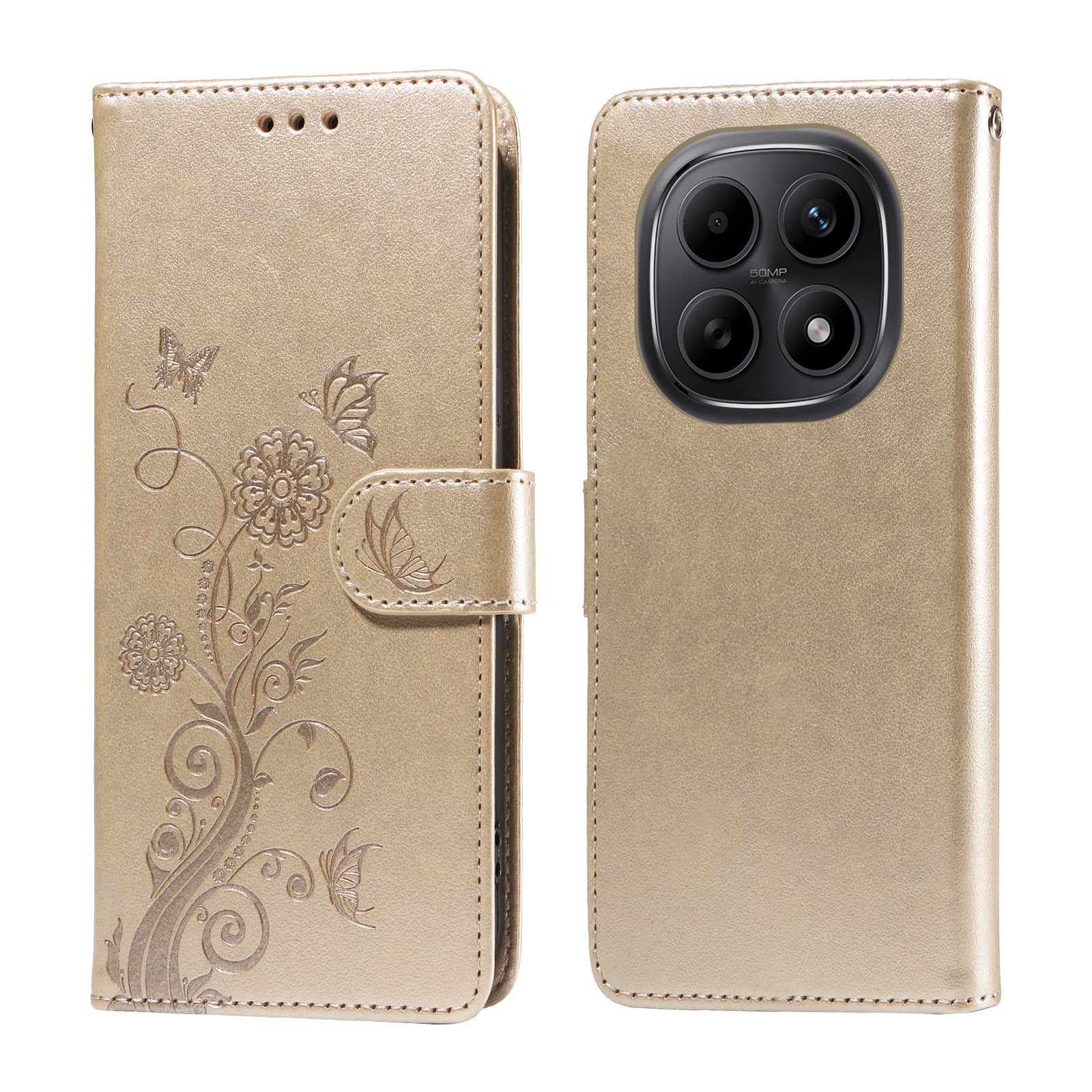 For Xiaomi Poco M8 5G / Redmi Note 15 5G (Global) / 15 4G (Global) Leather Case Butterfly Floral Imprint Wallet Stand Cover - Golden
