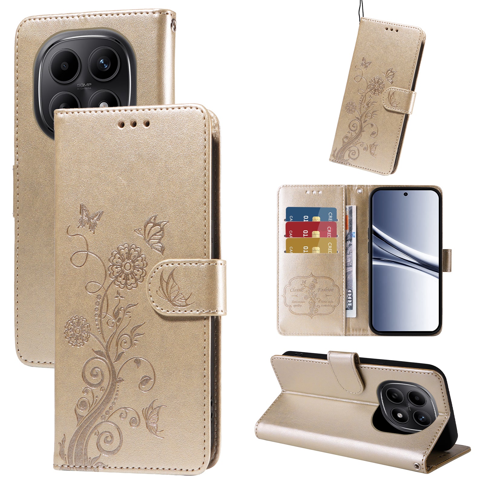 For Xiaomi Poco M8 5G / Redmi Note 15 5G (Global) / 15 4G (Global) Leather Case Butterfly Floral Imprint Wallet Stand Cover - Golden