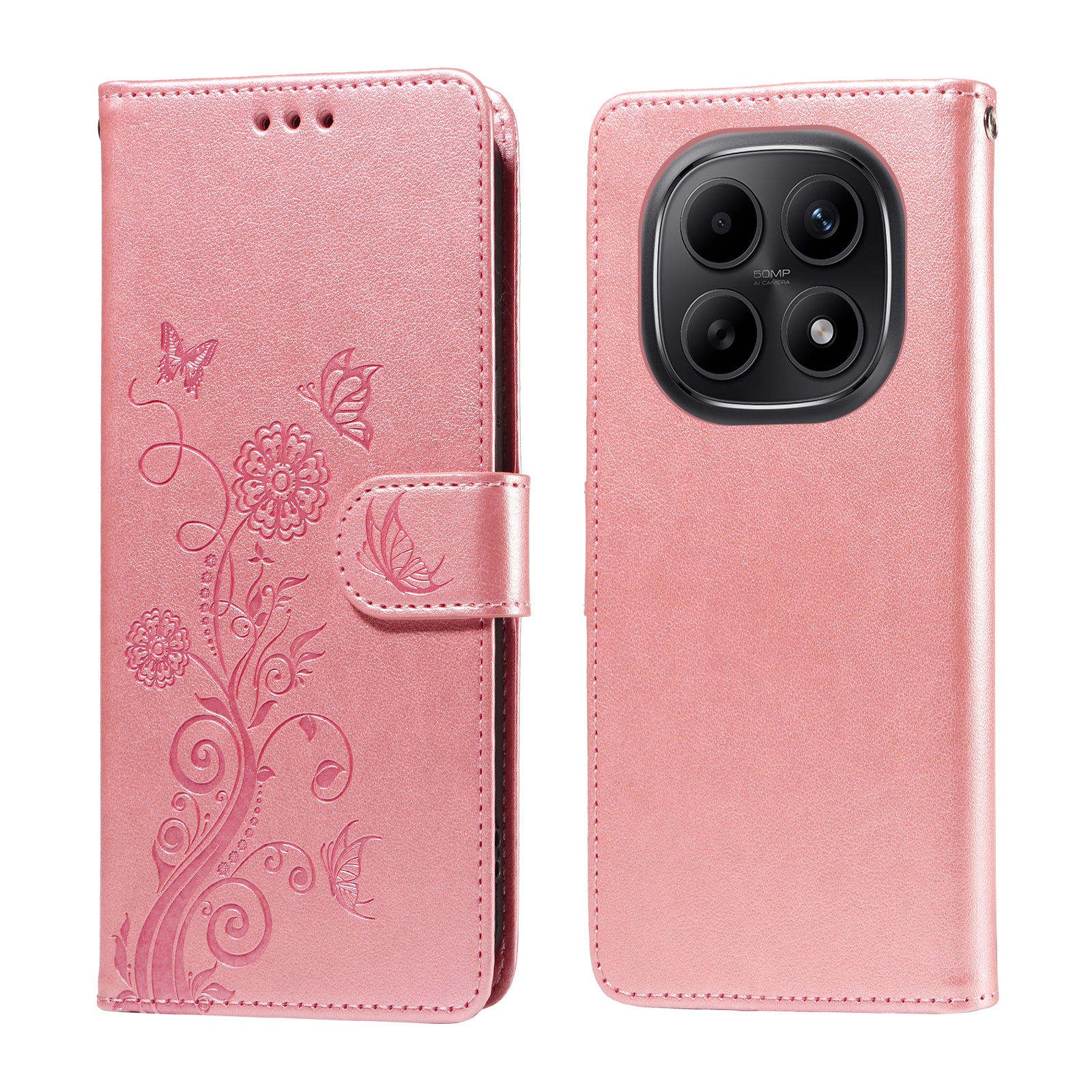 For Xiaomi Poco M8 5G / Redmi Note 15 5G (Global) / 15 4G (Global) Leather Case Butterfly Floral Imprint Wallet Stand Cover - Pink