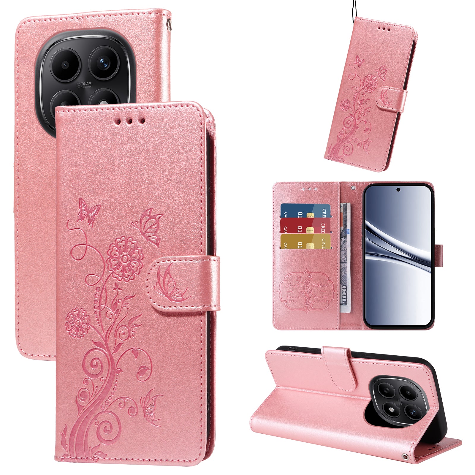 For Xiaomi Poco M8 5G / Redmi Note 15 5G (Global) / 15 4G (Global) Leather Case Butterfly Floral Imprint Wallet Stand Cover - Pink
