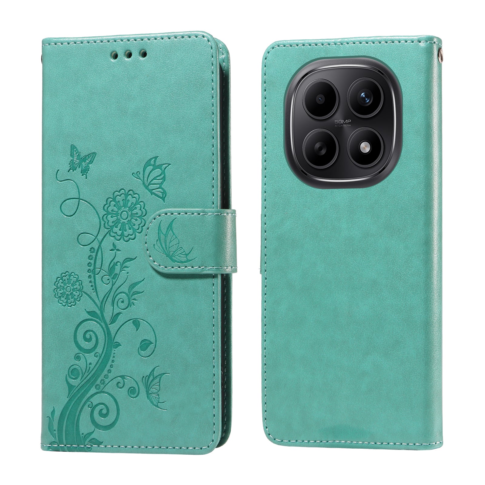 For Xiaomi Poco M8 5G / Redmi Note 15 5G (Global) / 15 4G (Global) Leather Case Butterfly Floral Imprint Wallet Stand Cover - Green
