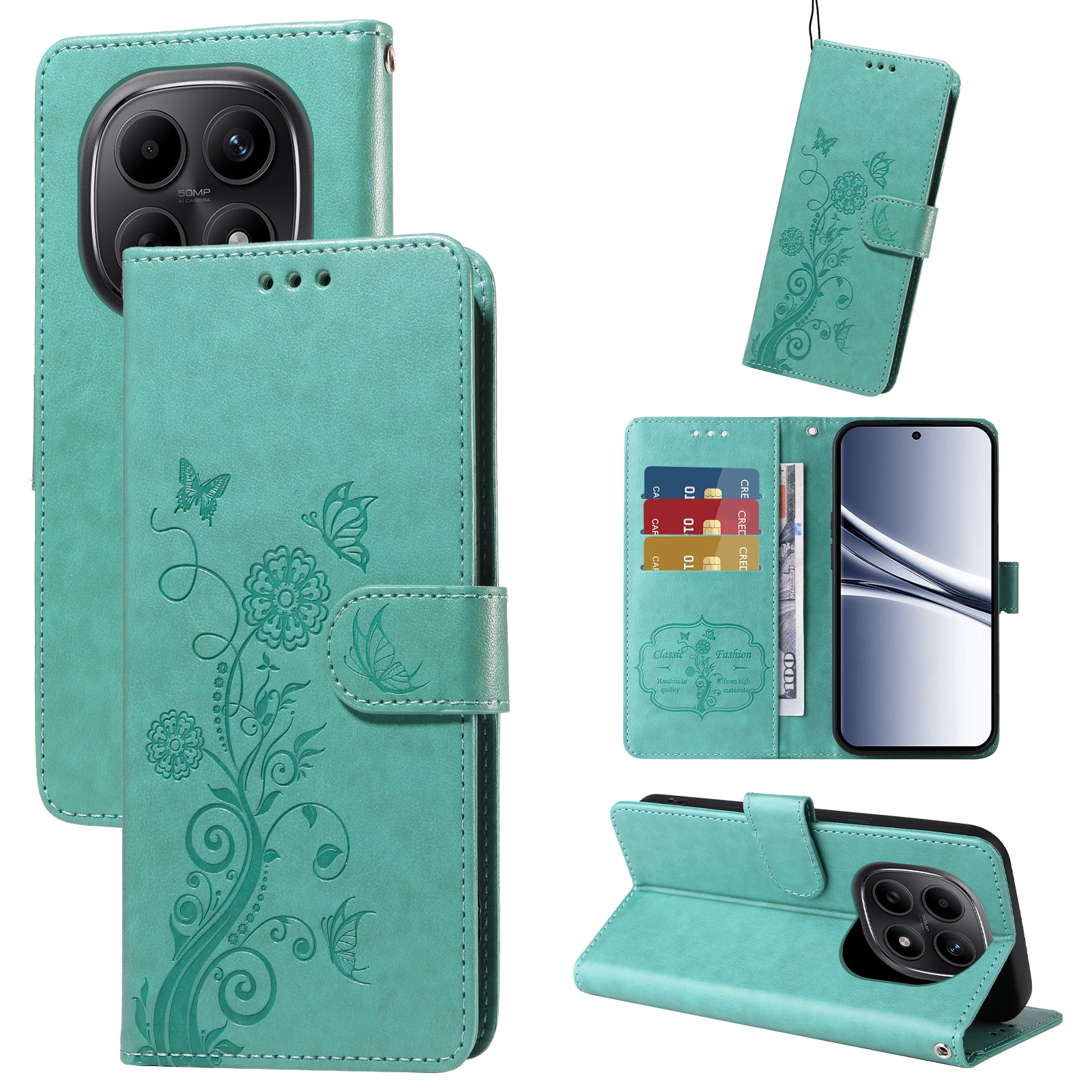 For Xiaomi Poco M8 5G / Redmi Note 15 5G (Global) / 15 4G (Global) Leather Case Butterfly Floral Imprint Wallet Stand Cover - Green