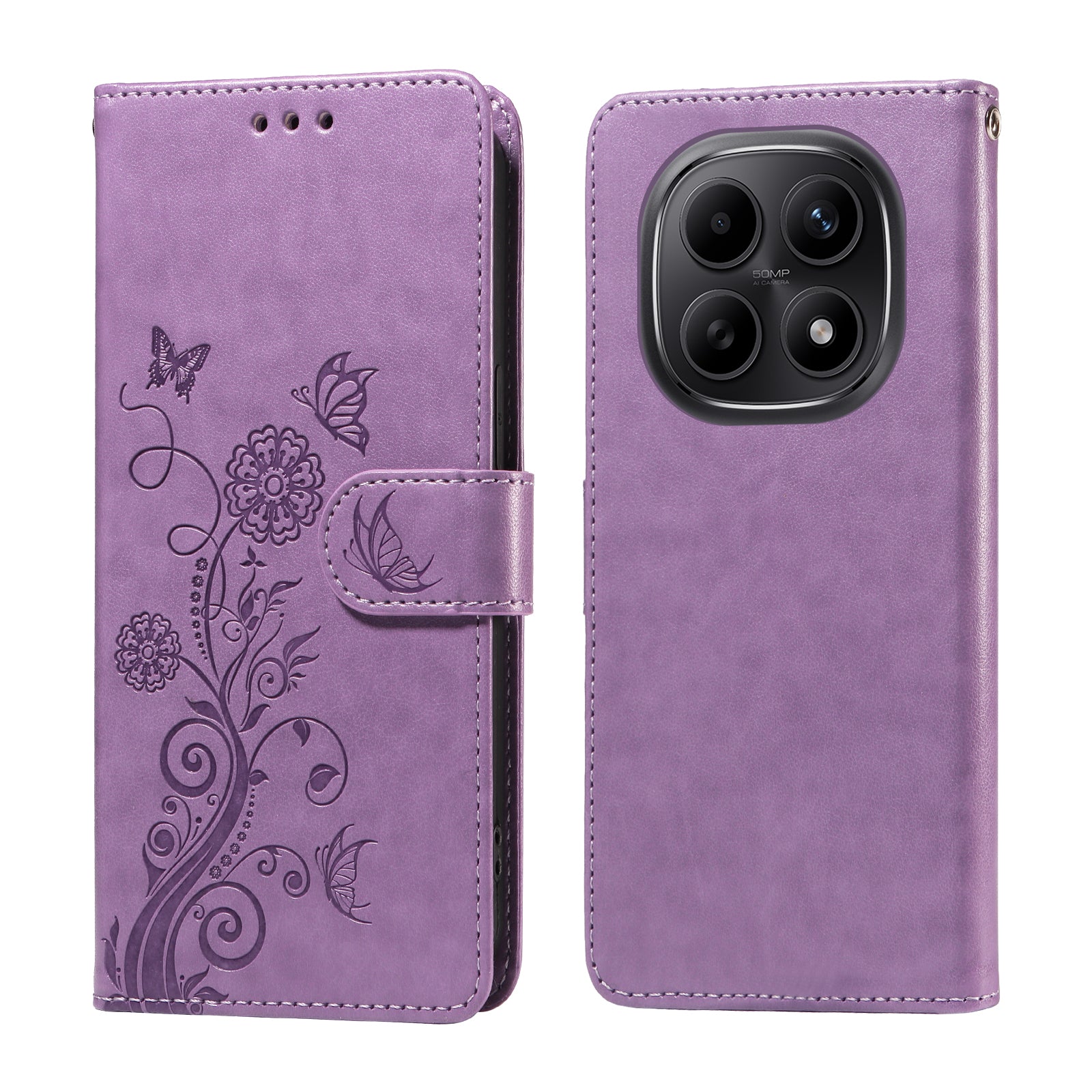 For Xiaomi Poco M8 5G / Redmi Note 15 5G (Global) / 15 4G (Global) Leather Case Butterfly Floral Imprint Wallet Stand Cover - Purple