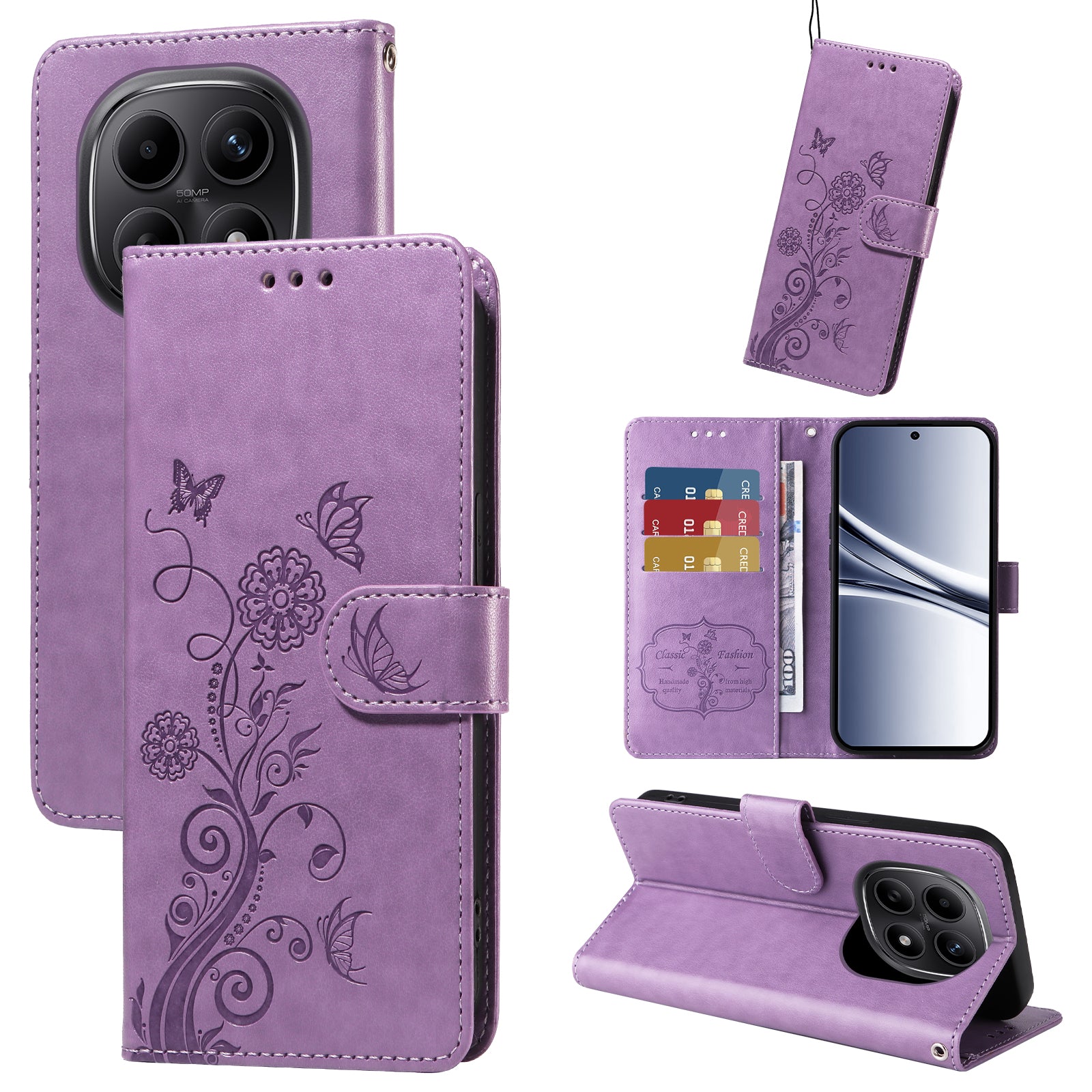 For Xiaomi Poco M8 5G / Redmi Note 15 5G (Global) / 15 4G (Global) Leather Case Butterfly Floral Imprint Wallet Stand Cover - Purple