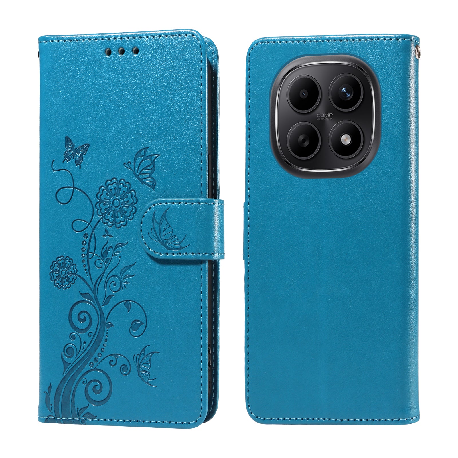 For Xiaomi Poco M8 5G / Redmi Note 15 5G (Global) / 15 4G (Global) Leather Case Butterfly Floral Imprint Wallet Stand Cover - Blue