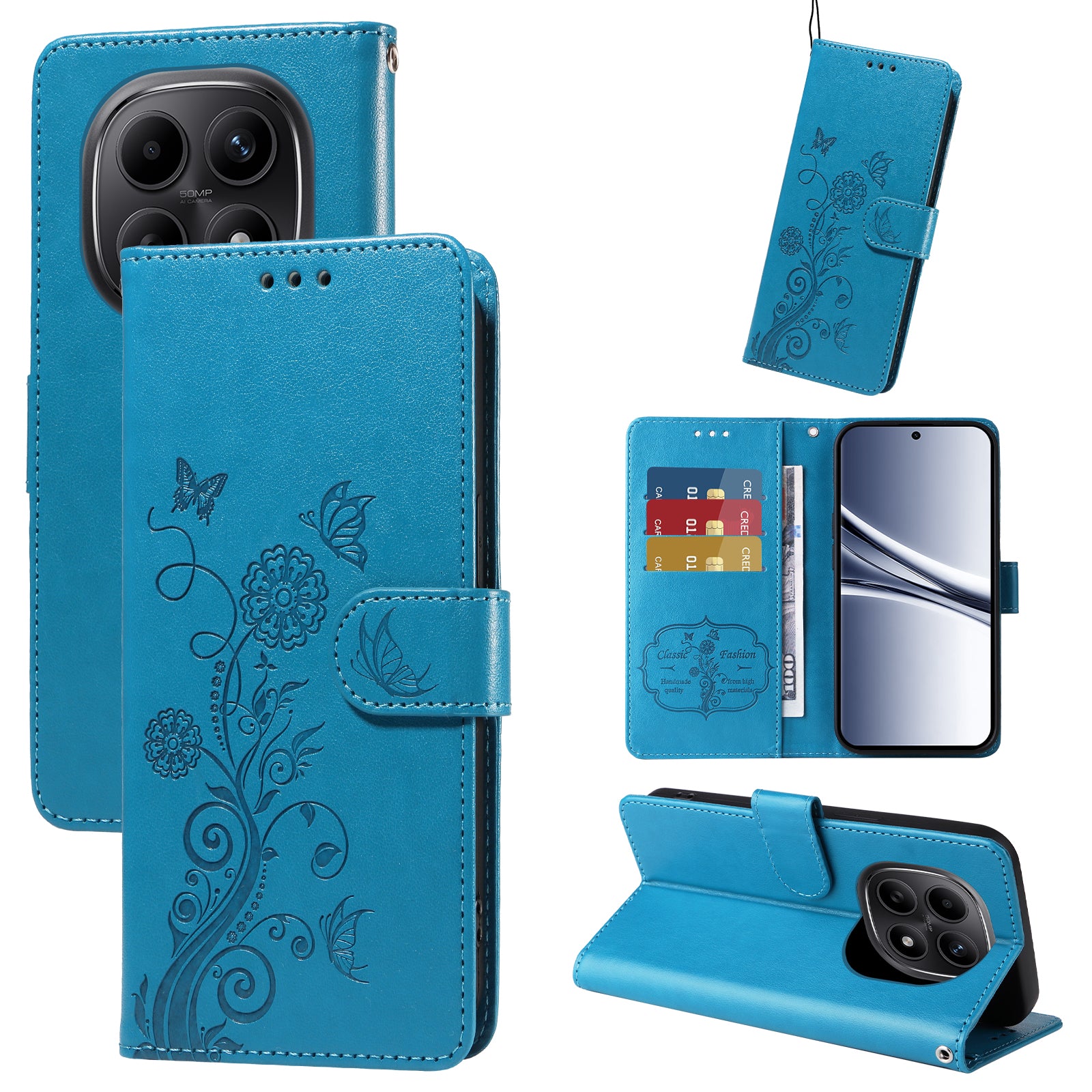 For Xiaomi Poco M8 5G / Redmi Note 15 5G (Global) / 15 4G (Global) Leather Case Butterfly Floral Imprint Wallet Stand Cover - Blue