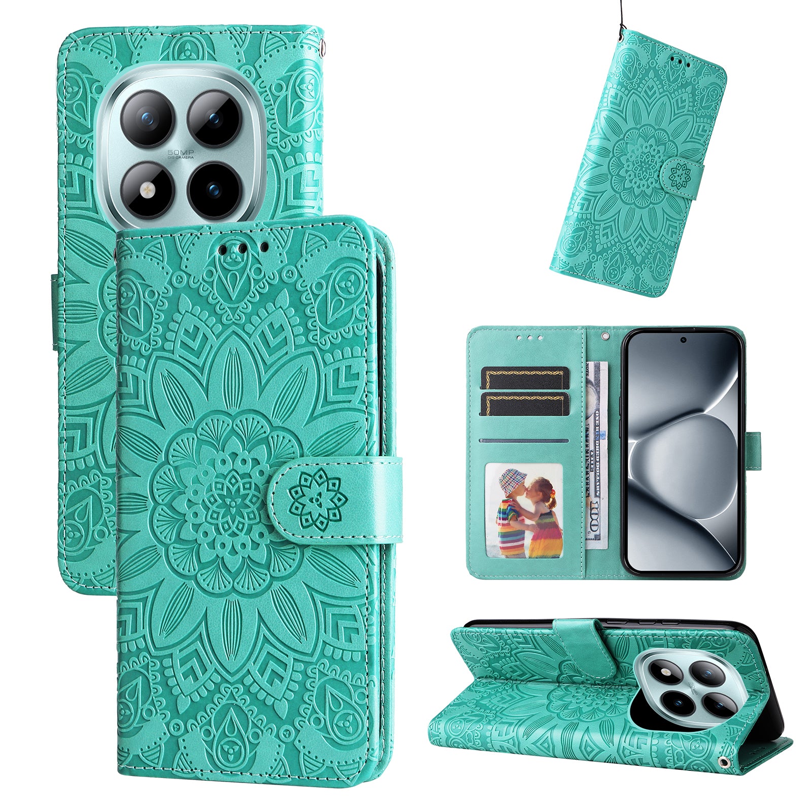 For Xiaomi Poco M8 Pro 5G / Redmi Note 15 Pro+ 5G (Global) Case Sunflower Imprint Leather Wallet Phone Cover - Green