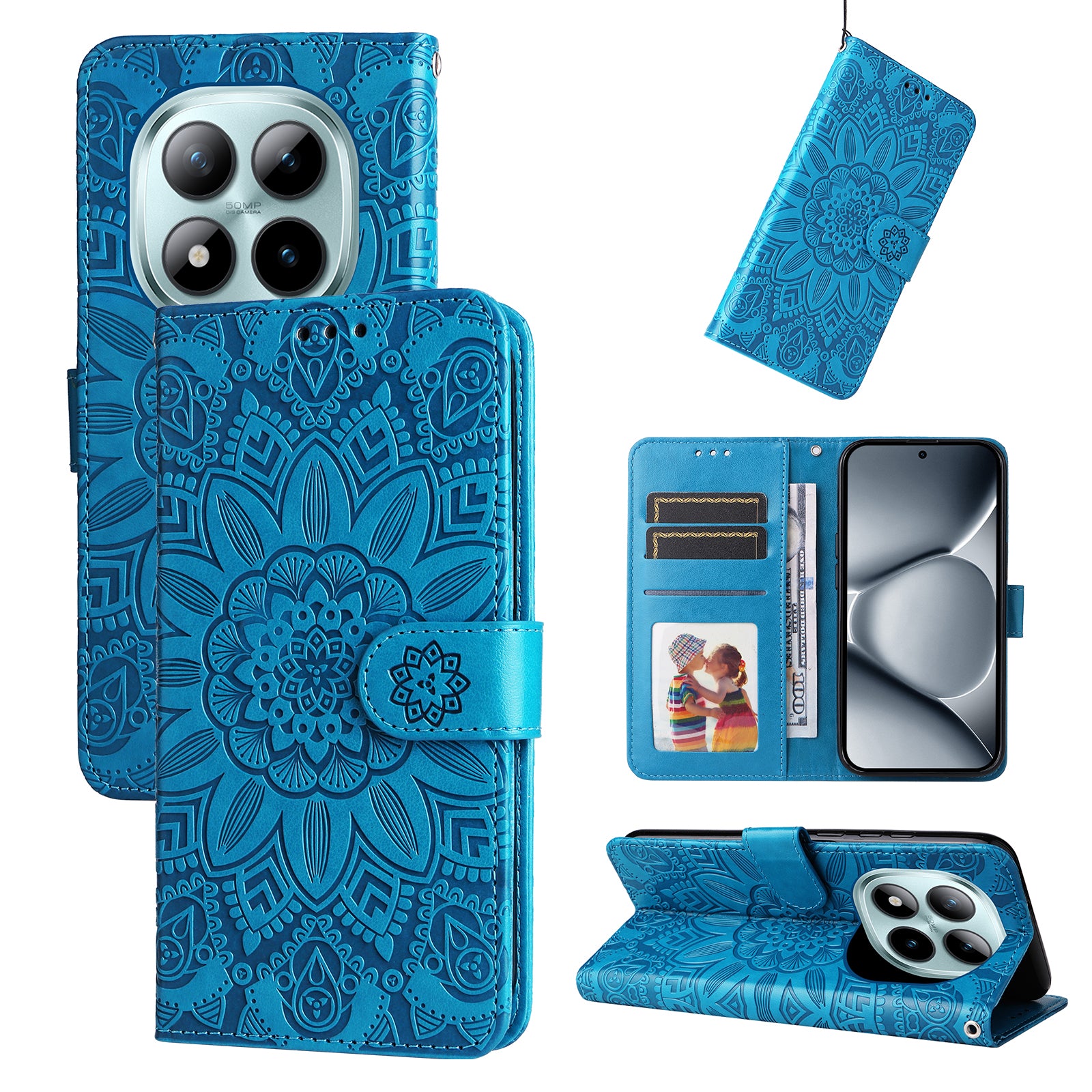 For Xiaomi Poco M8 Pro 5G / Redmi Note 15 Pro+ 5G (Global) Case Sunflower Imprint Leather Wallet Phone Cover - Blue