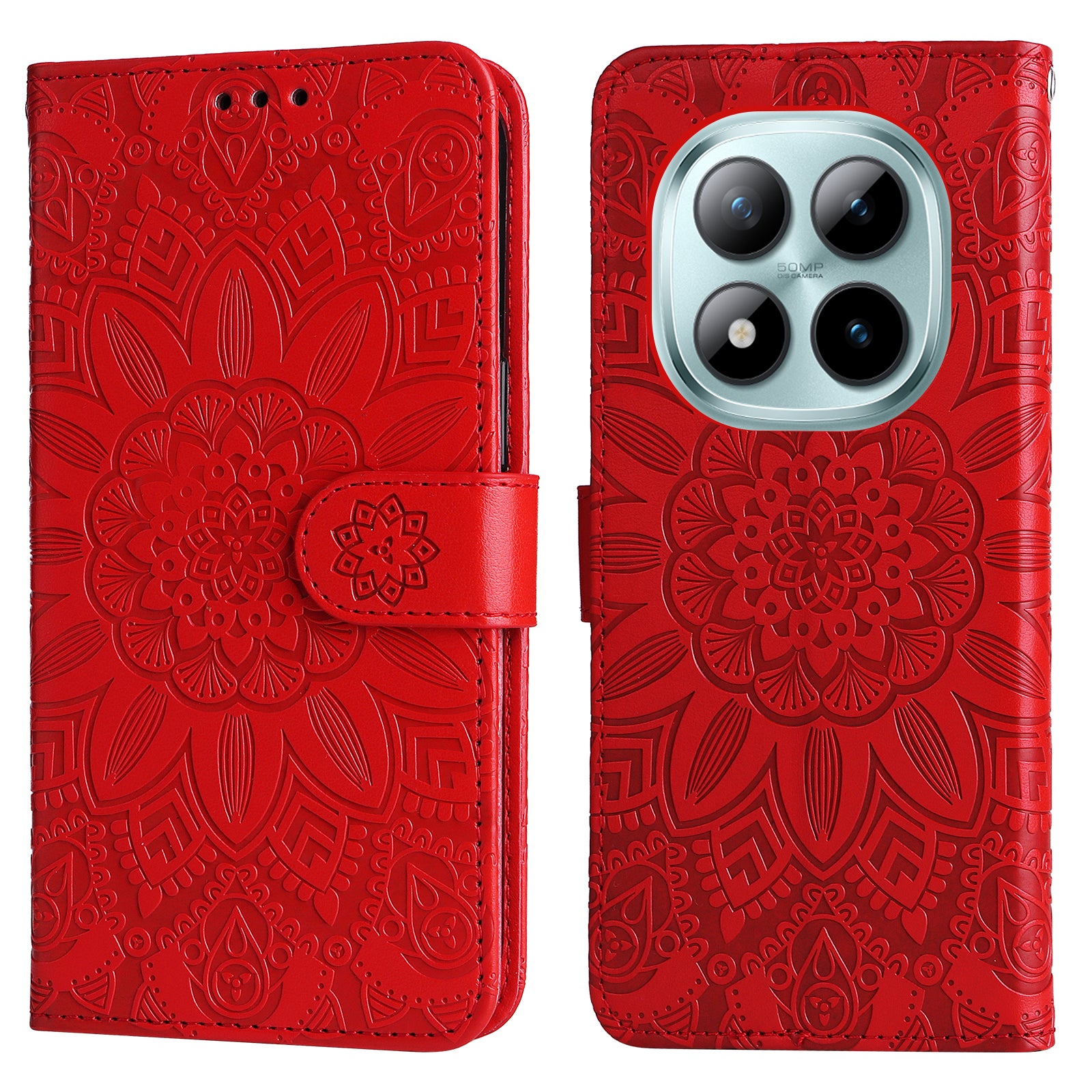 For Xiaomi Poco M8 Pro 5G / Redmi Note 15 Pro+ 5G (Global) Case Sunflower Imprint Leather Wallet Phone Cover - Red