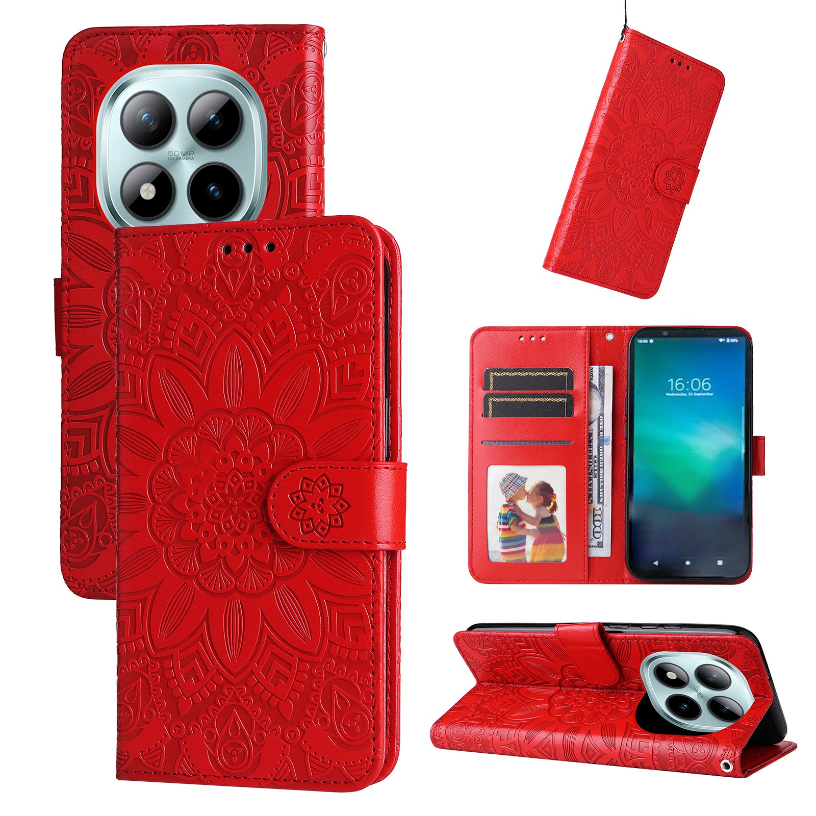 For Xiaomi Poco M8 Pro 5G / Redmi Note 15 Pro+ 5G (Global) Case Sunflower Imprint Leather Wallet Phone Cover - Red