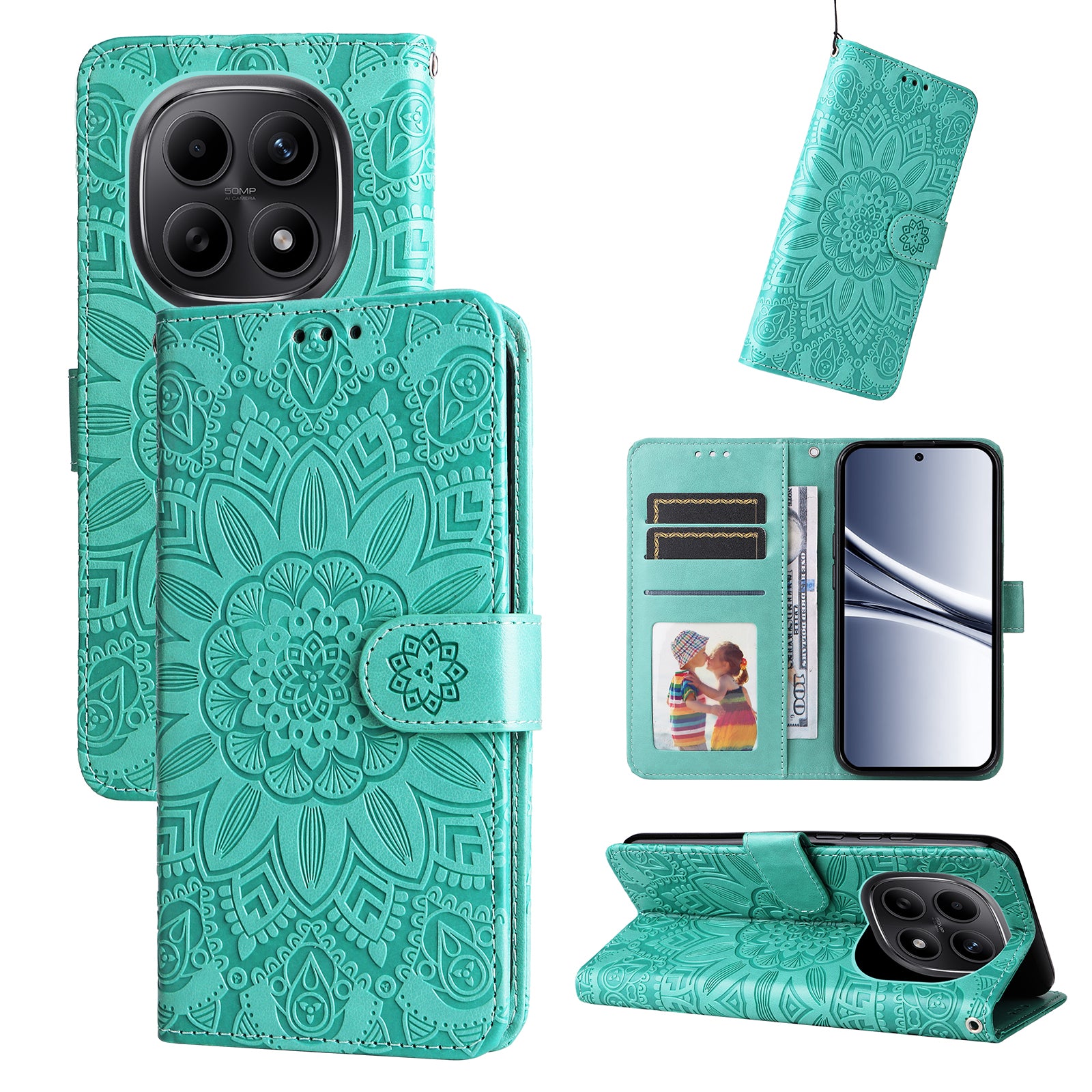 For Xiaomi Poco M8 5G / Redmi Note 15 5G (Global) / 15 4G (Global) Case Sunflower Imprint Leather Wallet Phone Cover - Green