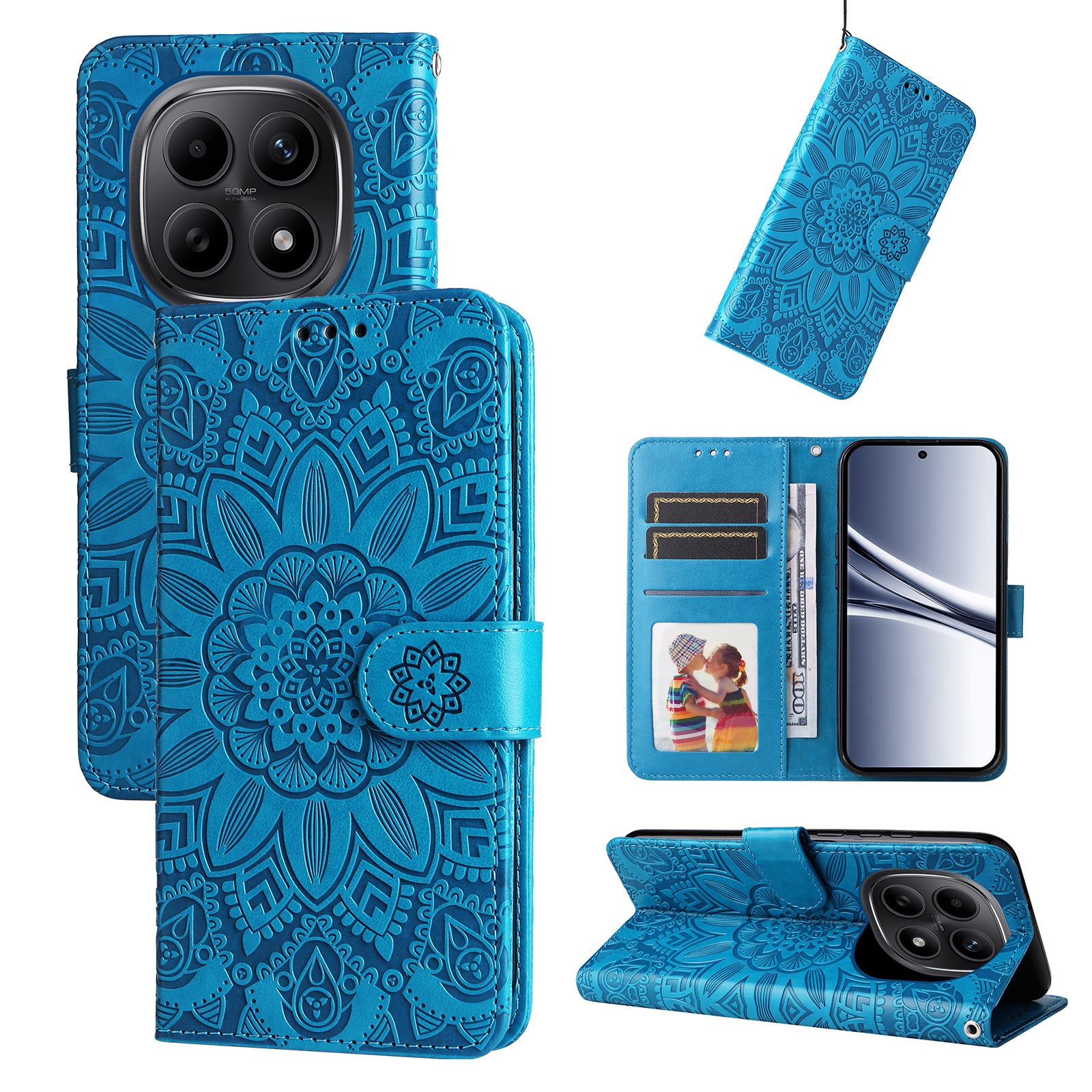 For Xiaomi Poco M8 5G / Redmi Note 15 5G (Global) / 15 4G (Global) Case Sunflower Imprint Leather Wallet Phone Cover - Blue