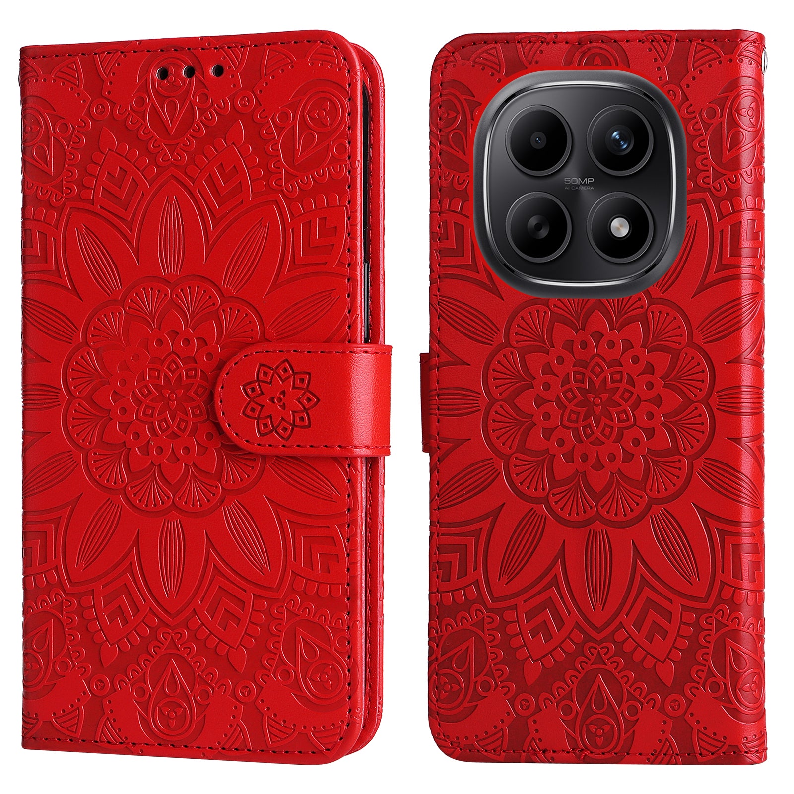 For Xiaomi Poco M8 5G / Redmi Note 15 5G (Global) / 15 4G (Global) Case Sunflower Imprint Leather Wallet Phone Cover - Red