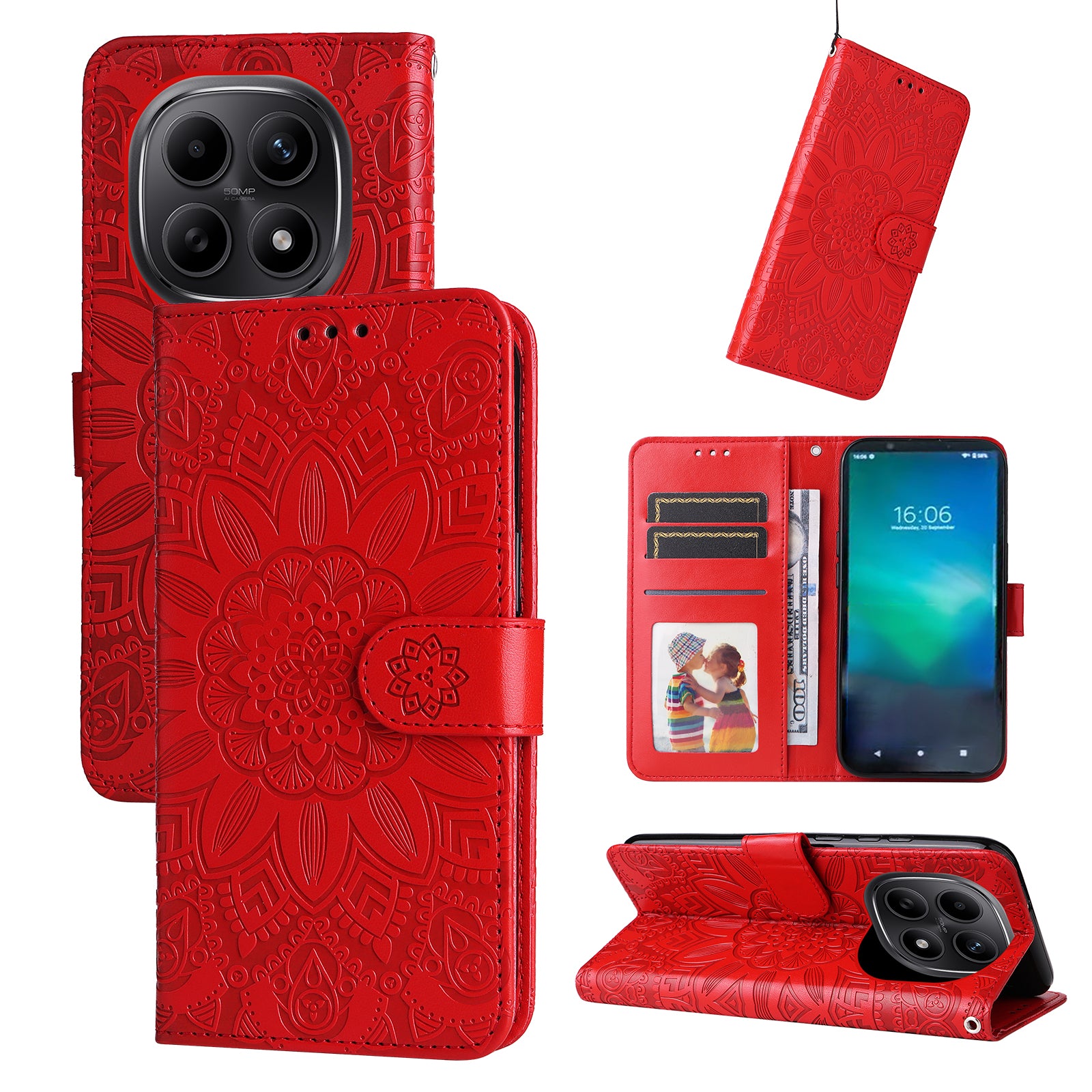 For Xiaomi Poco M8 5G / Redmi Note 15 5G (Global) / 15 4G (Global) Case Sunflower Imprint Leather Wallet Phone Cover - Red