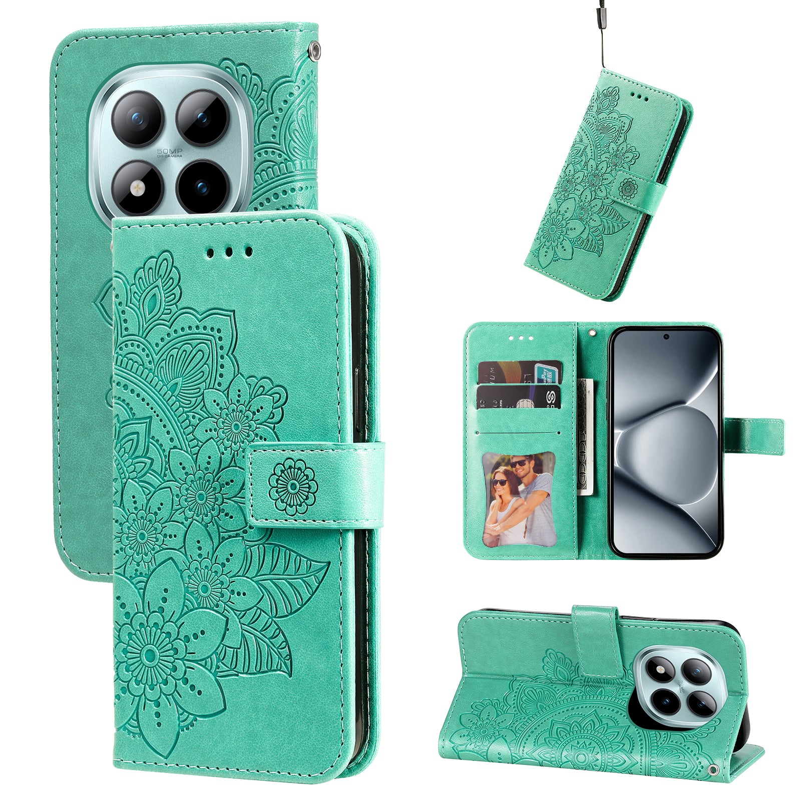For Xiaomi Poco M8 Pro 5G / Redmi Note 15 Pro+ 5G (Global) Case Floral Pattern PU Leather Wallet Stand Phone Cover - Green