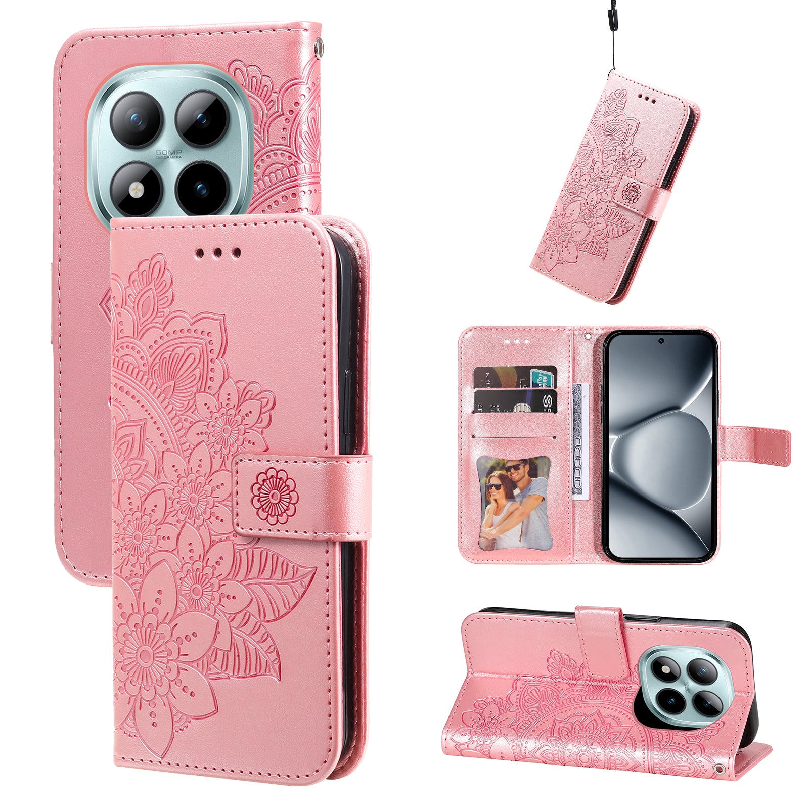 For Xiaomi Poco M8 Pro 5G / Redmi Note 15 Pro+ 5G (Global) Case Floral Pattern PU Leather Wallet Stand Phone Cover - Pink