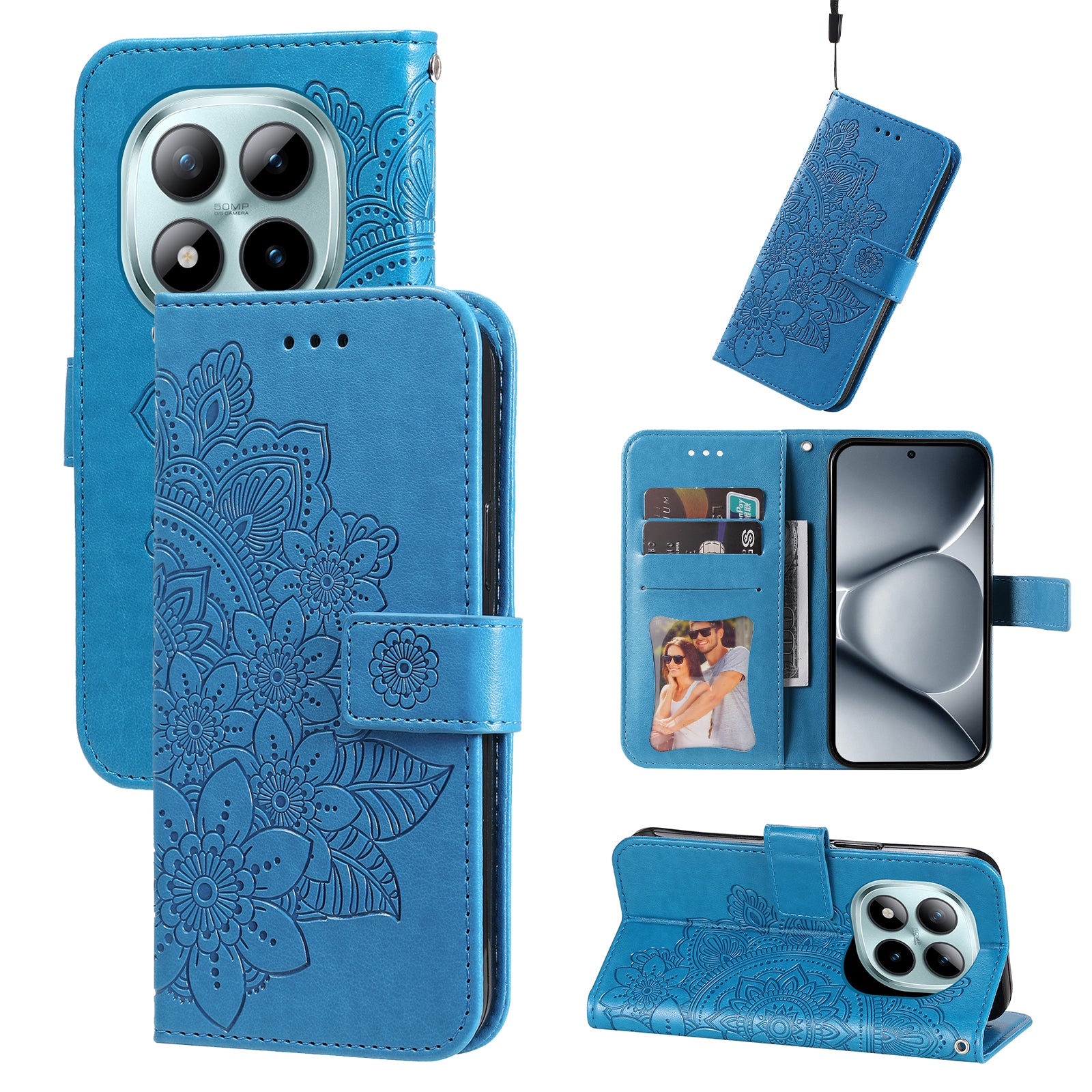 For Xiaomi Poco M8 Pro 5G / Redmi Note 15 Pro+ 5G (Global) Case Floral Pattern PU Leather Wallet Stand Phone Cover - Blue