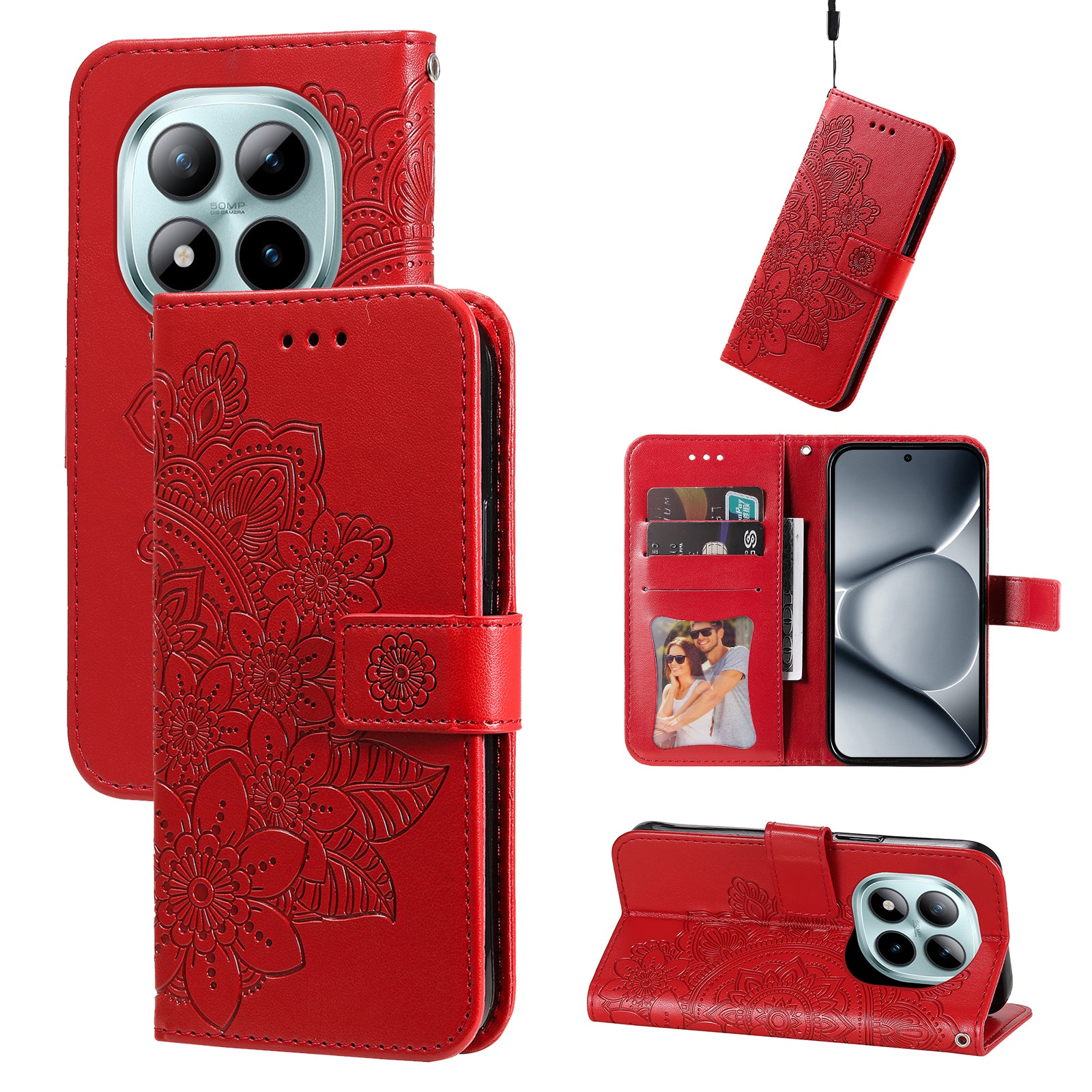 For Xiaomi Poco M8 Pro 5G / Redmi Note 15 Pro+ 5G (Global) Case Floral Pattern PU Leather Wallet Stand Phone Cover - Red