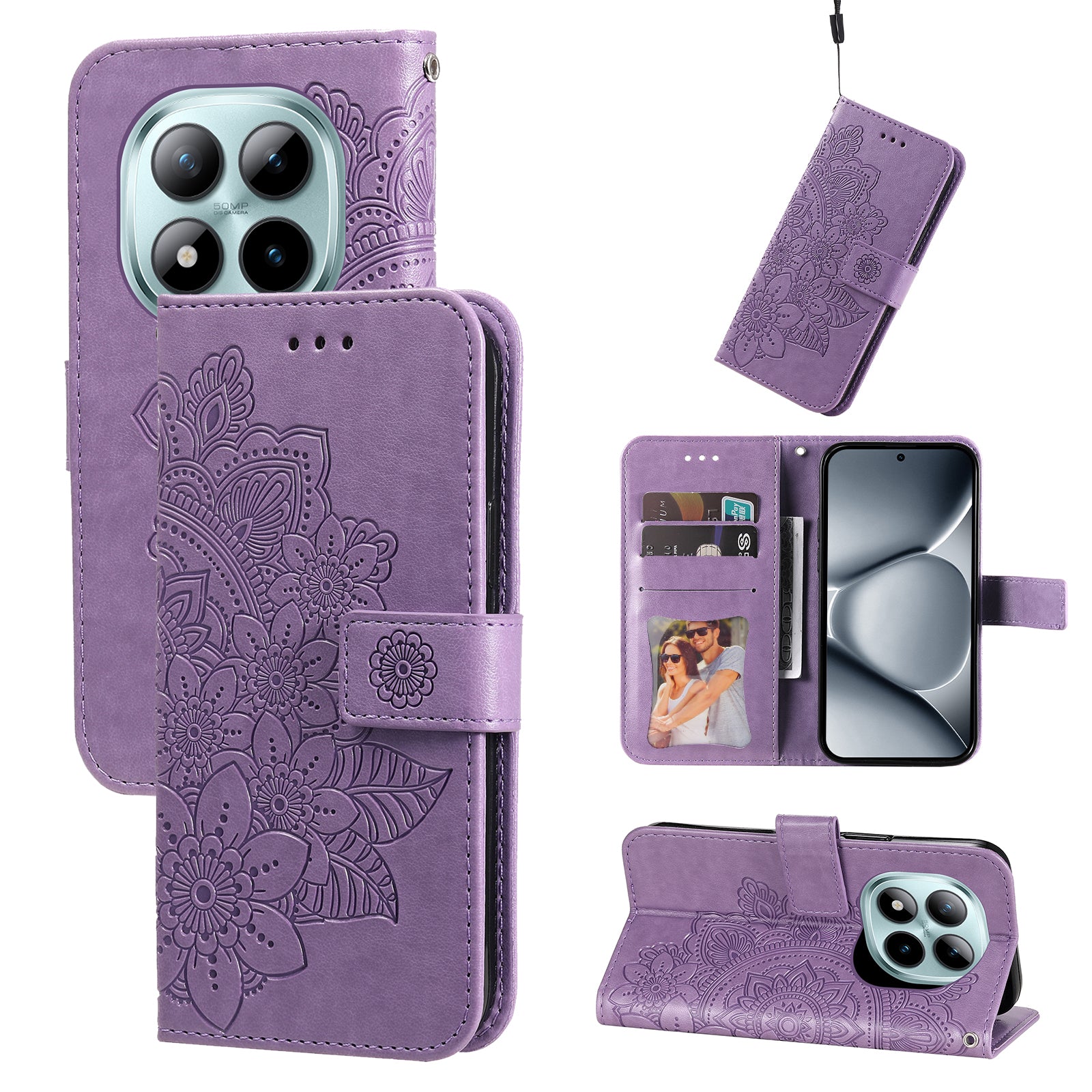 For Xiaomi Poco M8 Pro 5G / Redmi Note 15 Pro+ 5G (Global) Case Floral Pattern PU Leather Wallet Stand Phone Cover - Purple