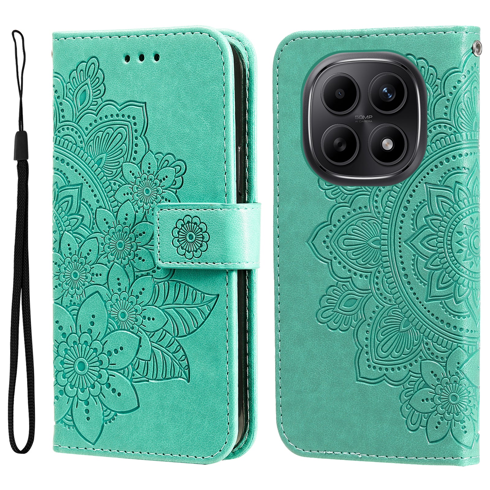 For Xiaomi Poco M8 5G / Redmi Note 15 5G (Global) / 15 4G (Global) Case Floral Pattern PU Leather Wallet Stand Phone Cover - Green