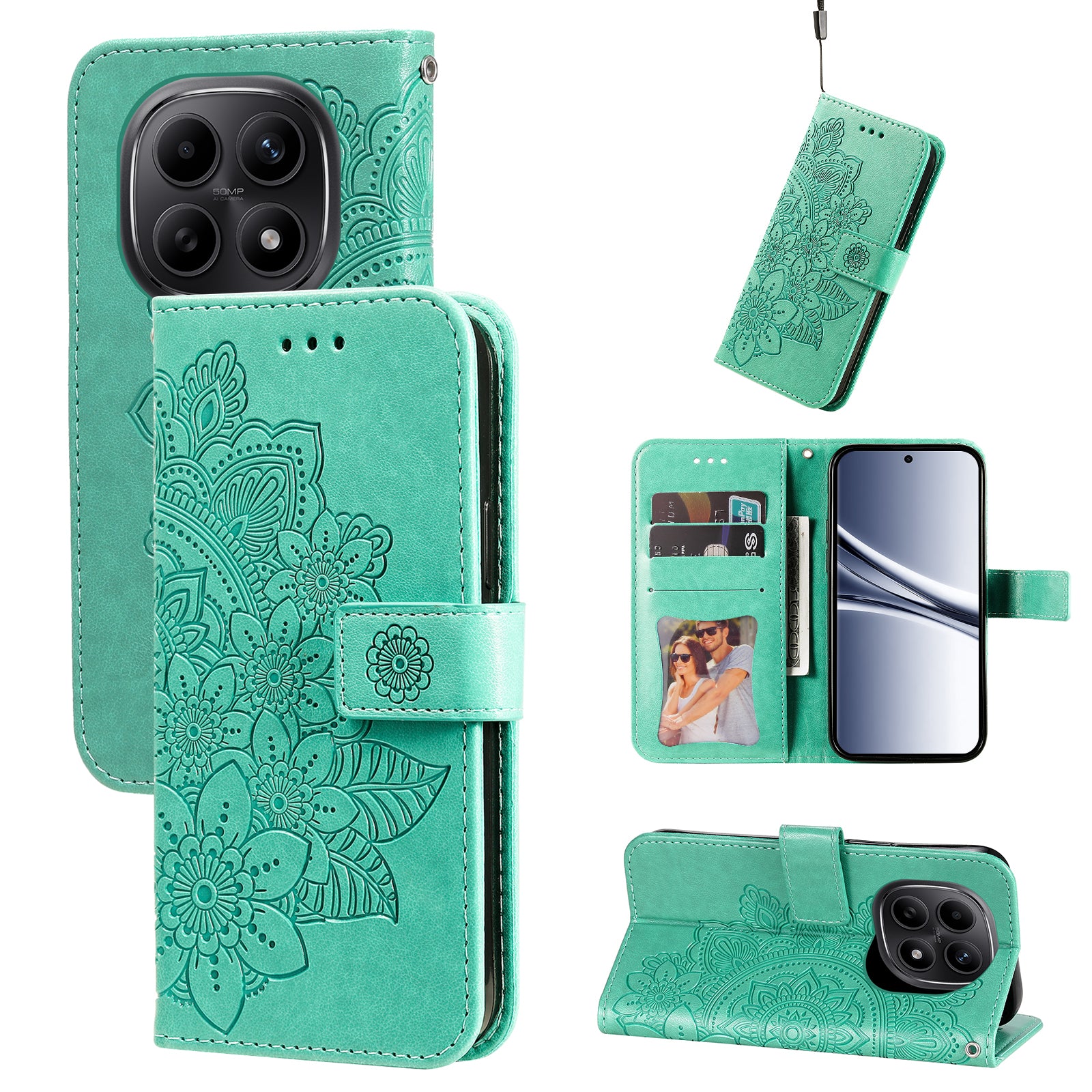 For Xiaomi Poco M8 5G / Redmi Note 15 5G (Global) / 15 4G (Global) Case Floral Pattern PU Leather Wallet Stand Phone Cover - Green