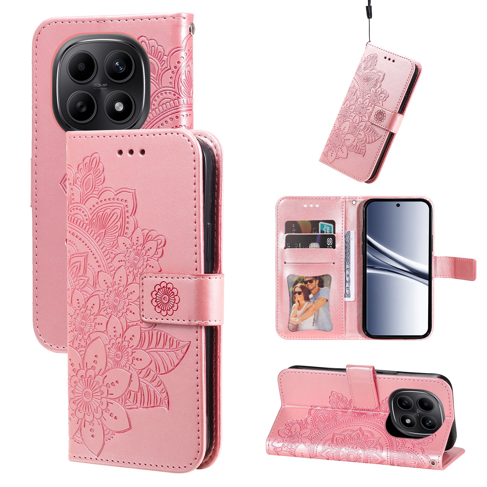 For Xiaomi Poco M8 5G / Redmi Note 15 5G (Global) / 15 4G (Global) Case Floral Pattern PU Leather Wallet Stand Phone Cover - Pink