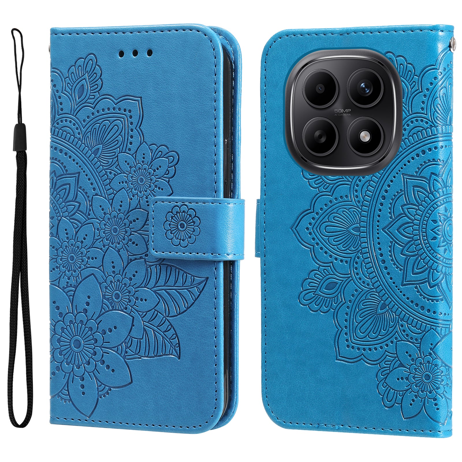 For Xiaomi Poco M8 5G / Redmi Note 15 5G (Global) / 15 4G (Global) Case Floral Pattern PU Leather Wallet Stand Phone Cover - Blue