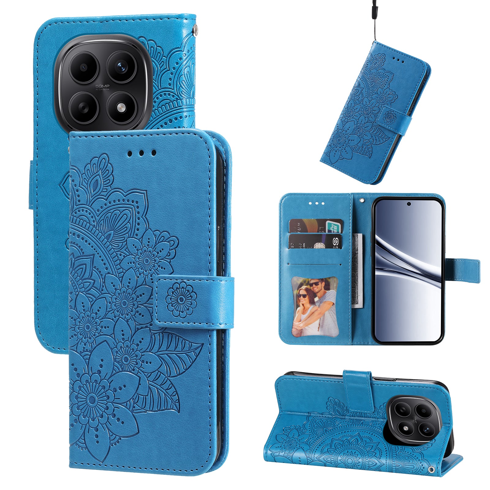 For Xiaomi Poco M8 5G / Redmi Note 15 5G (Global) / 15 4G (Global) Case Floral Pattern PU Leather Wallet Stand Phone Cover - Blue